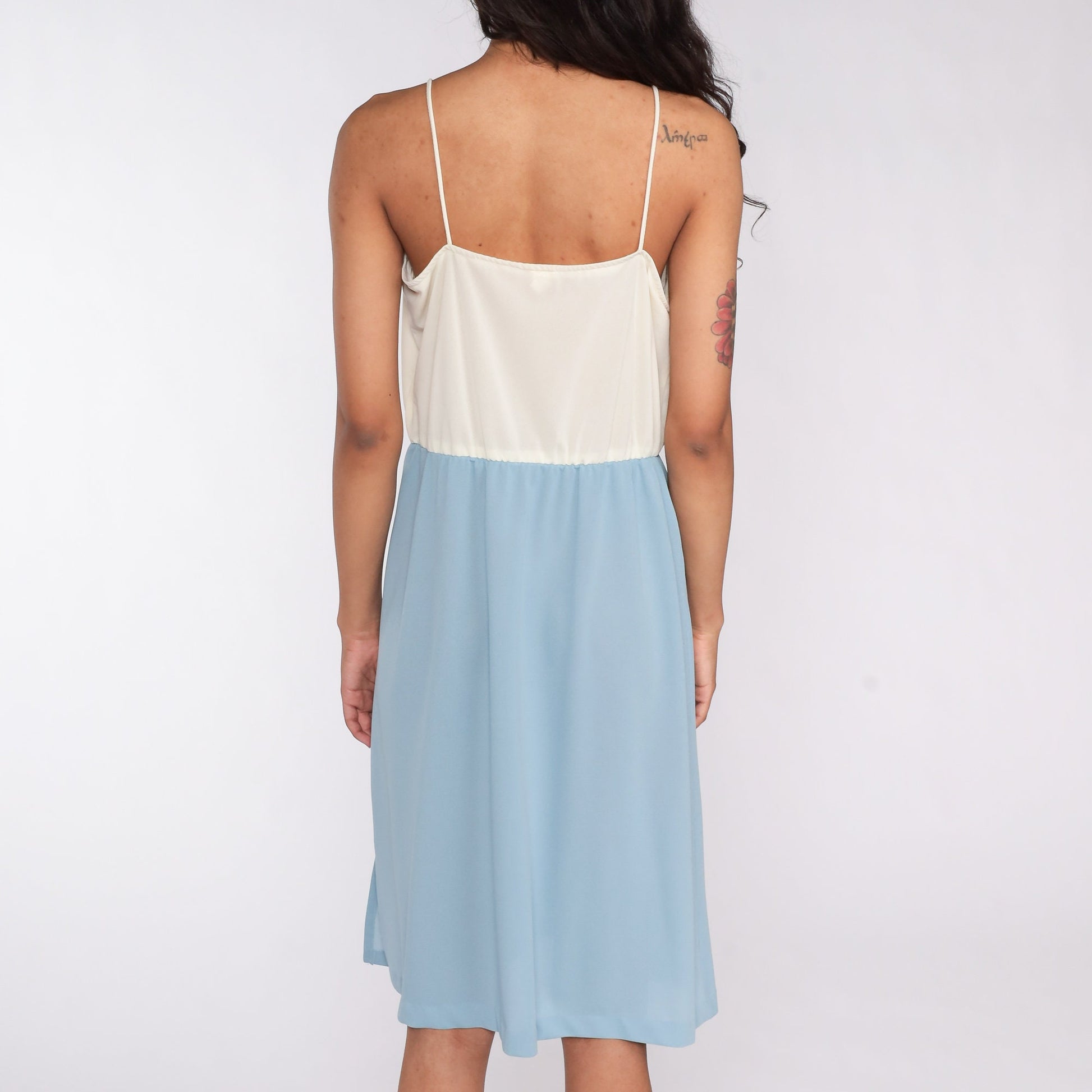 70s Cream Blue Color Block Spaghetti Strap Midi Dress High Waist Medium