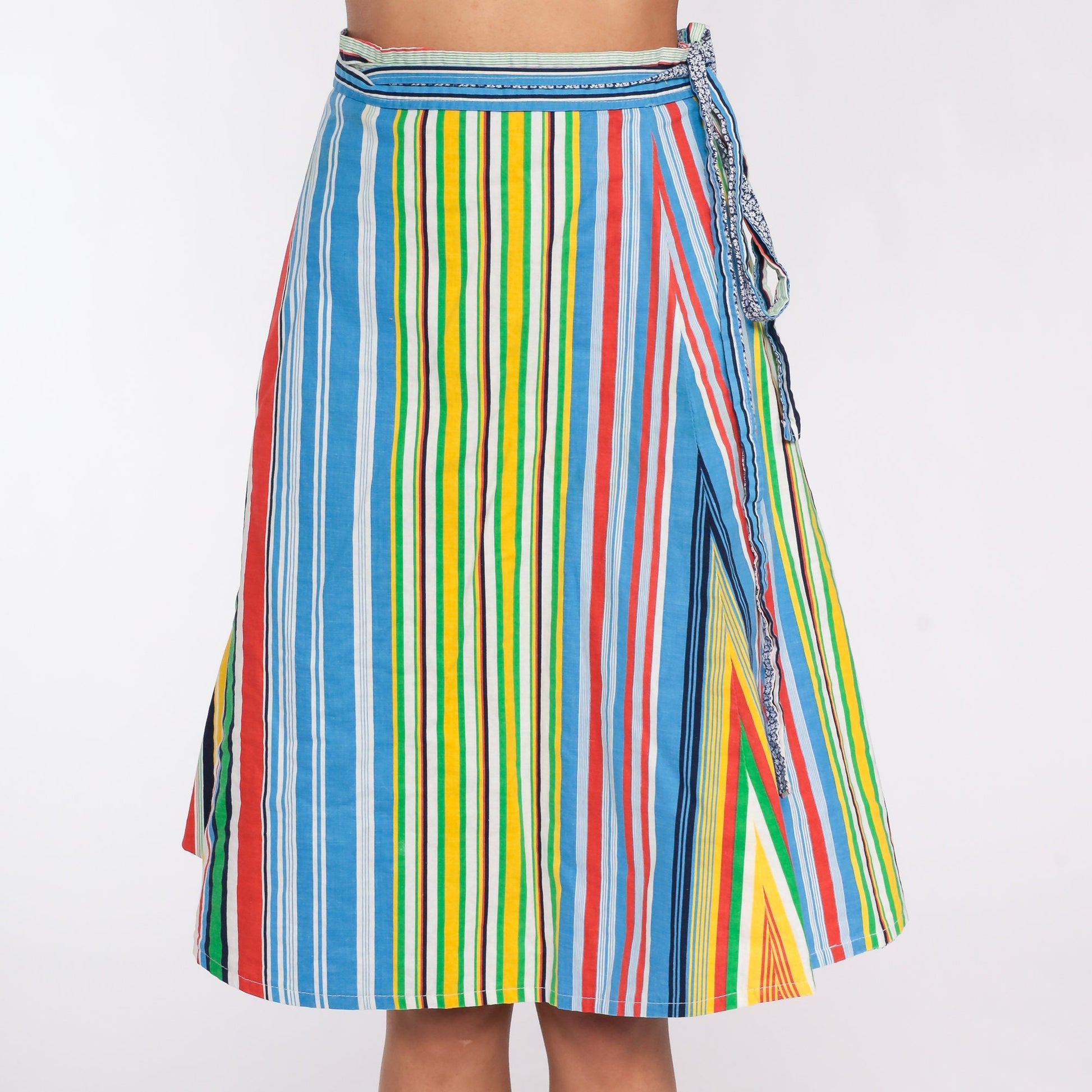 70s Reversible Wrap Skirt Rainbow Stripe Floral Blue Midi High Waist Medium