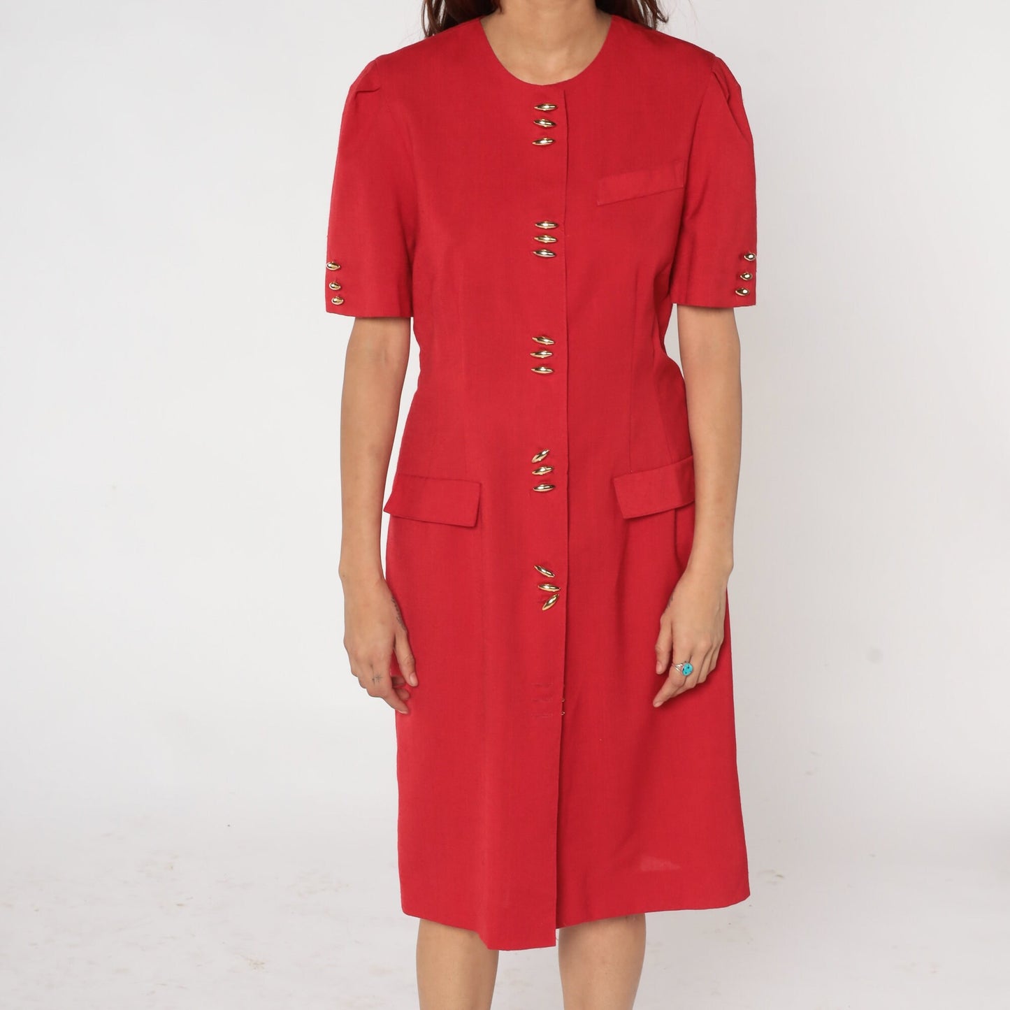 80s Leslie Fay Red Midi Sheath Dress Gold Buttons Puff Sleeve Medium