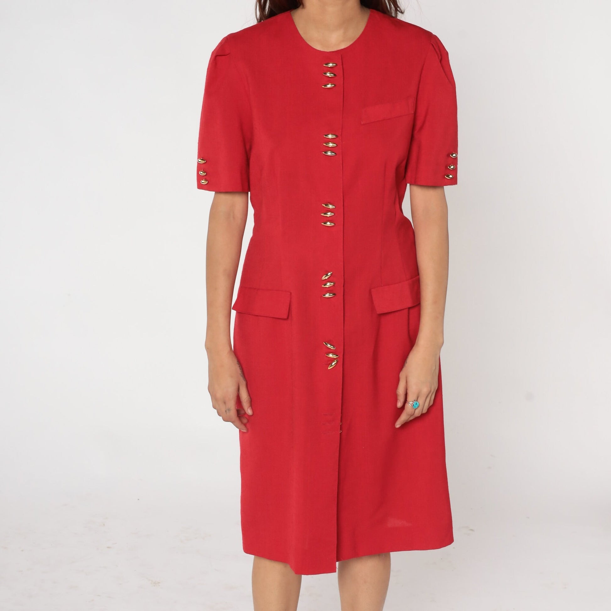 80s Leslie Fay Red Midi Sheath Dress Gold Buttons Puff Sleeve Medium