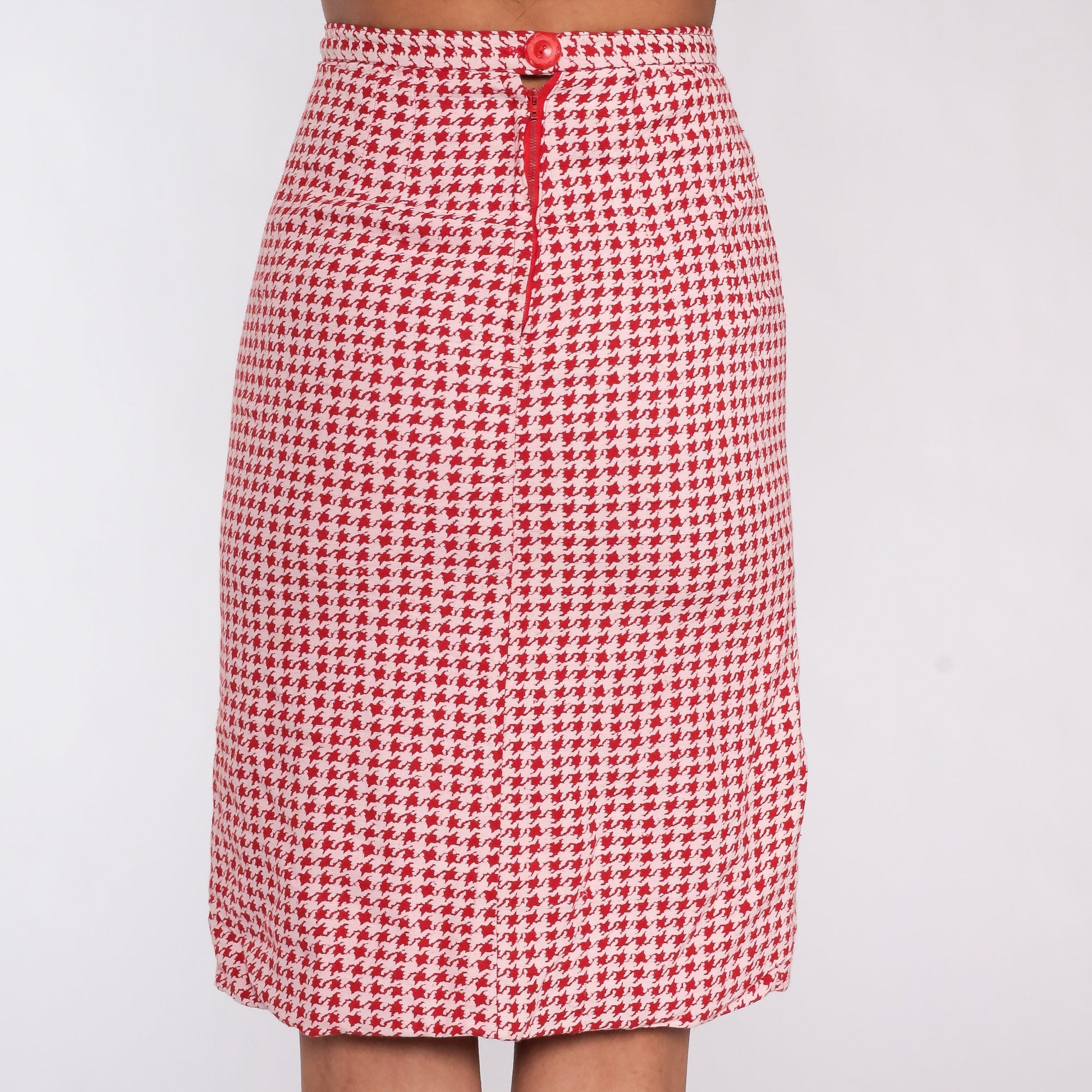 60s Red Houndstooth Pencil Mini Skirt High Waist Checkered Extra Small XS