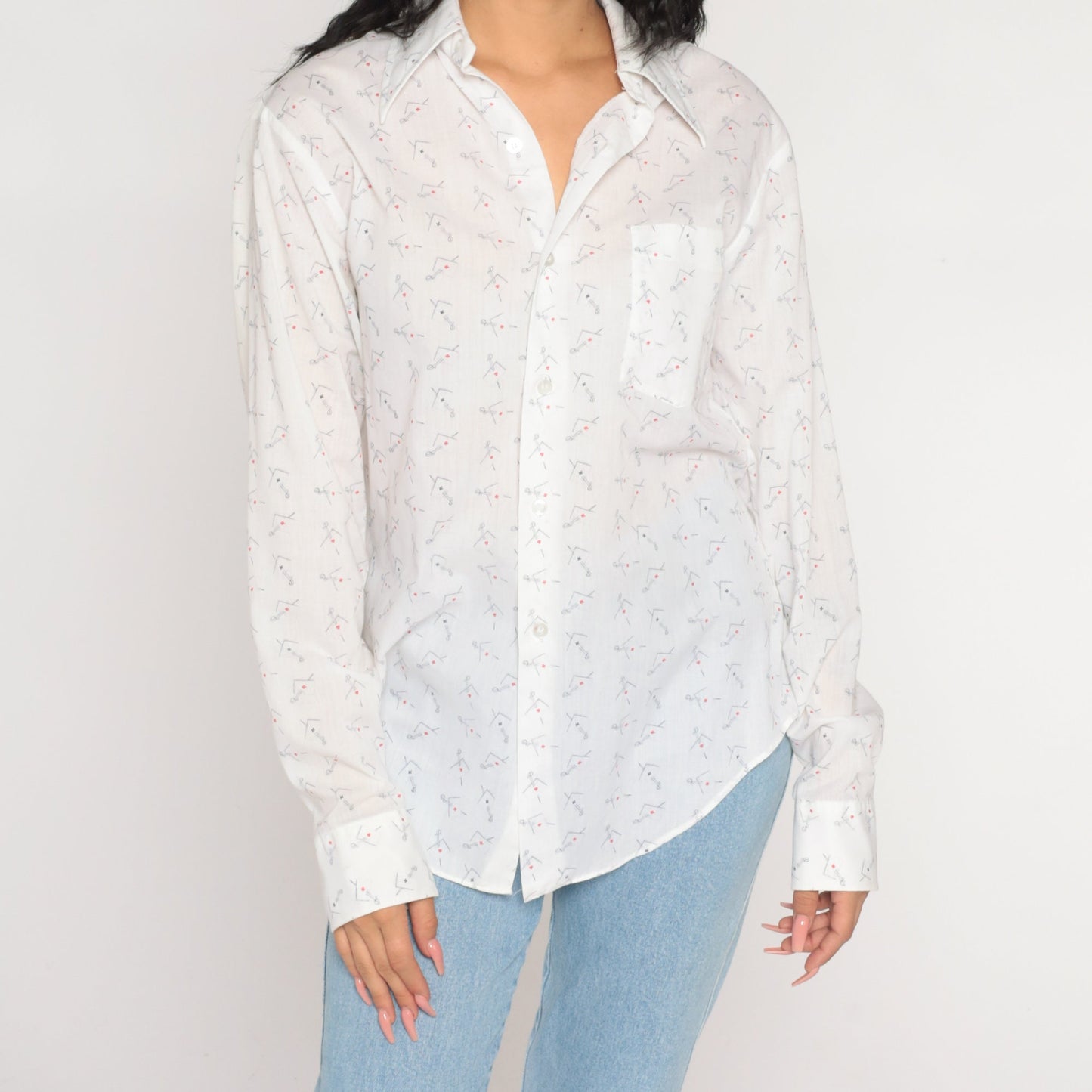 70s Playing Card Sword Print Button Up Shirt White Novelty Mens Medium
