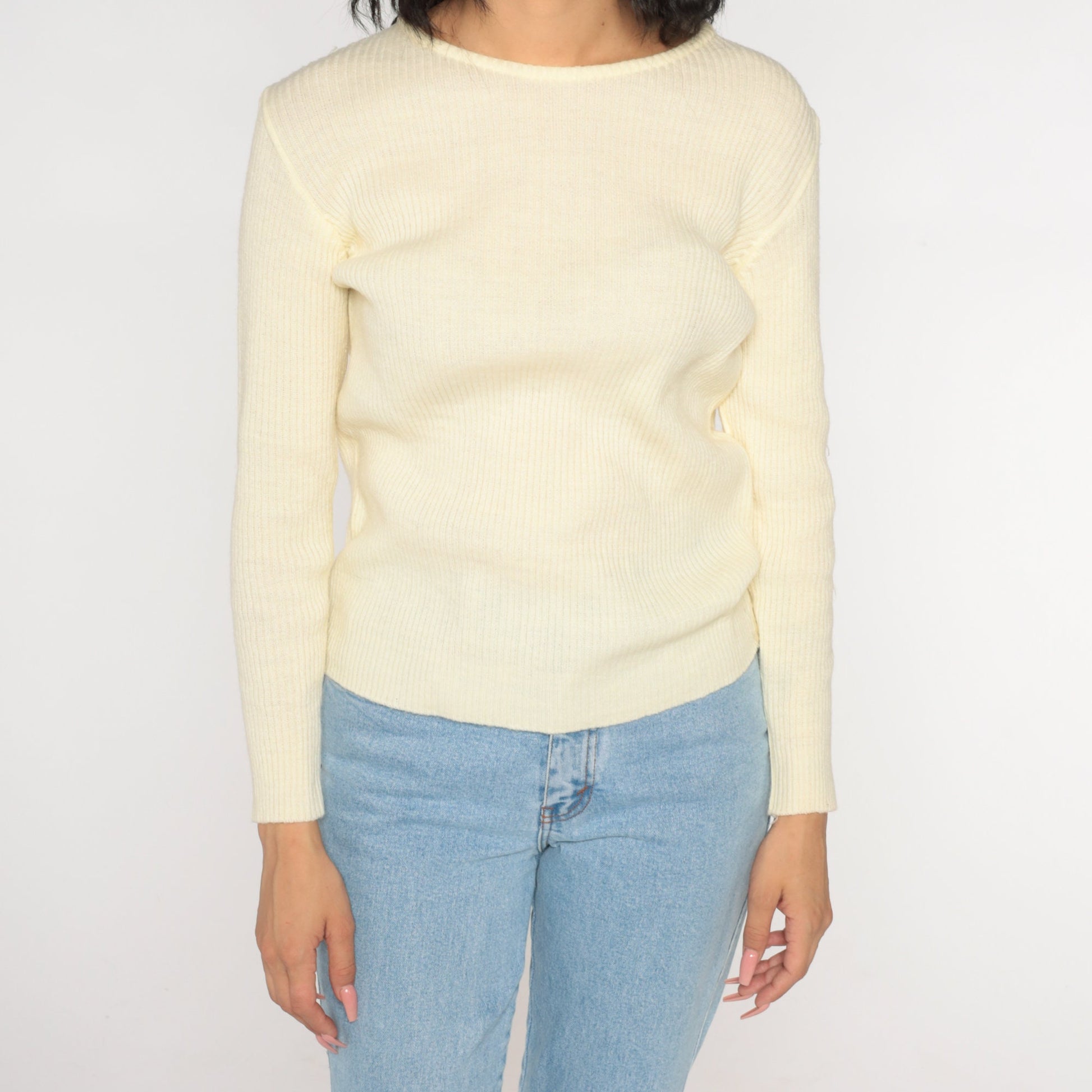 70s Cream Ribbed Knit Crewneck Pullover Sweater Small Medium