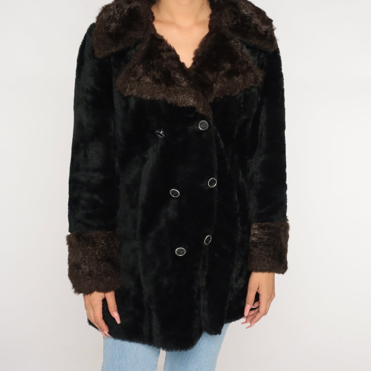 70s Black Faux Fur Coat Double Breasted Collar Brown Trim Small