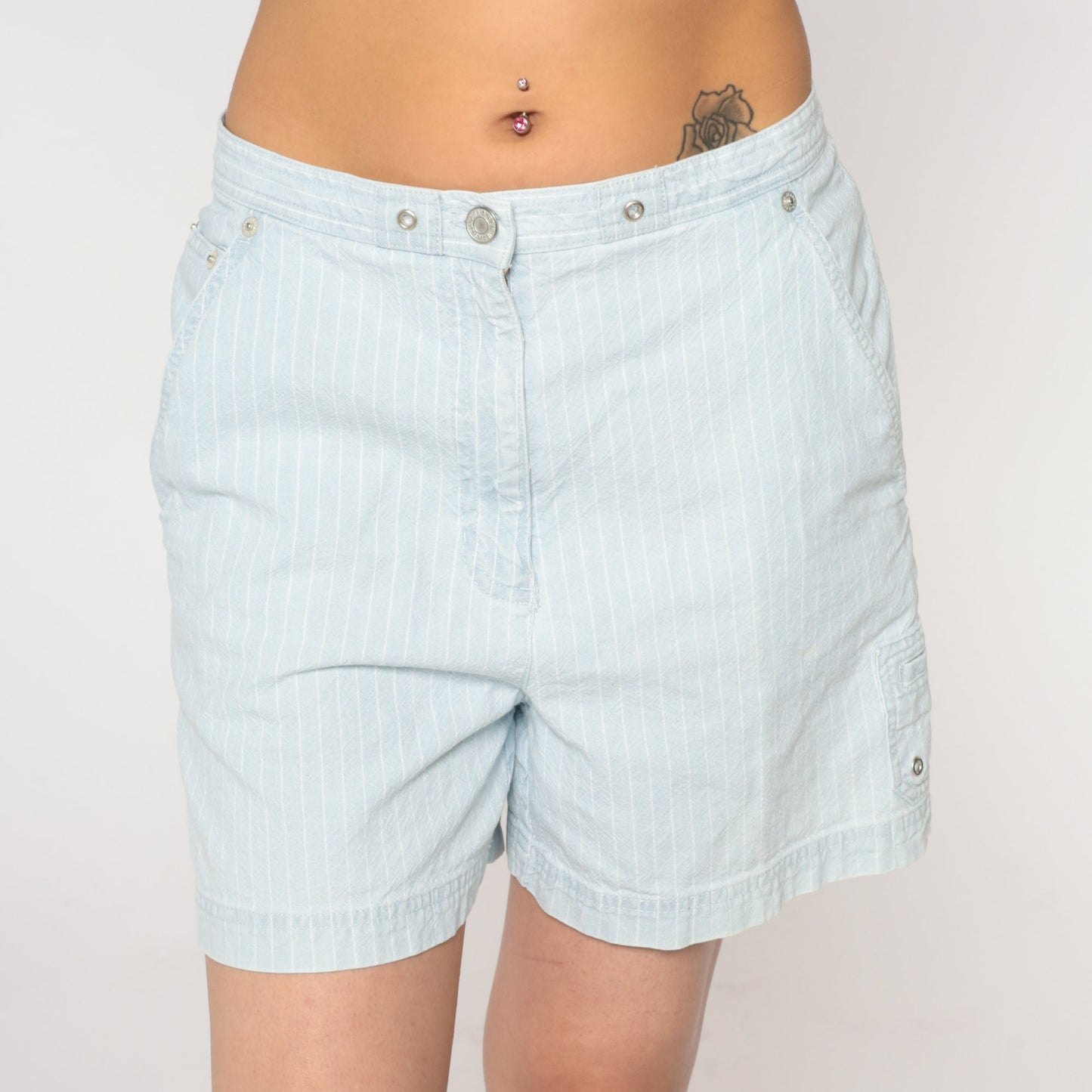 Y2K Ralph Lauren Striped Denim Shorts High Waist Blue White Medium