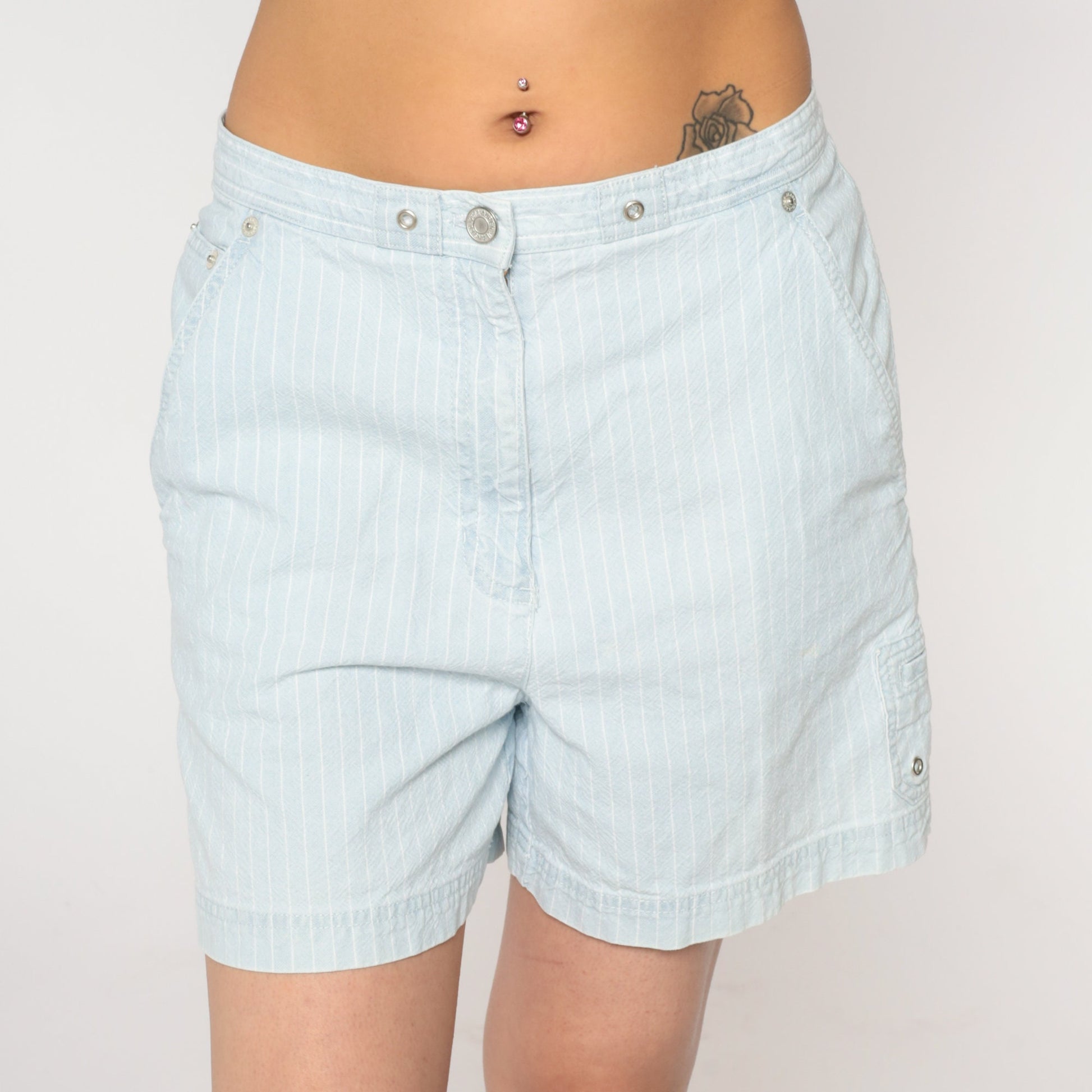 Y2K Ralph Lauren Striped Denim Shorts High Waist Blue White Medium