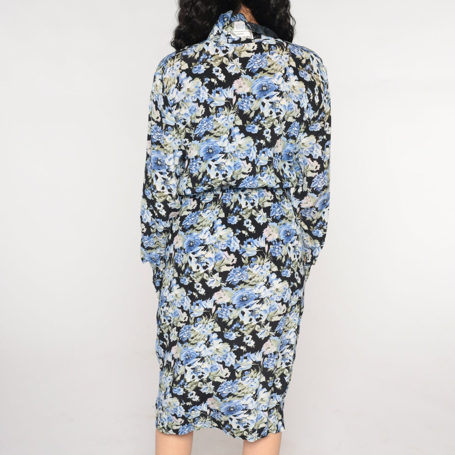 90s Black Floral Midi Dress Button-Up Long Sleeve High Waist Pencil Cut Pockets Small