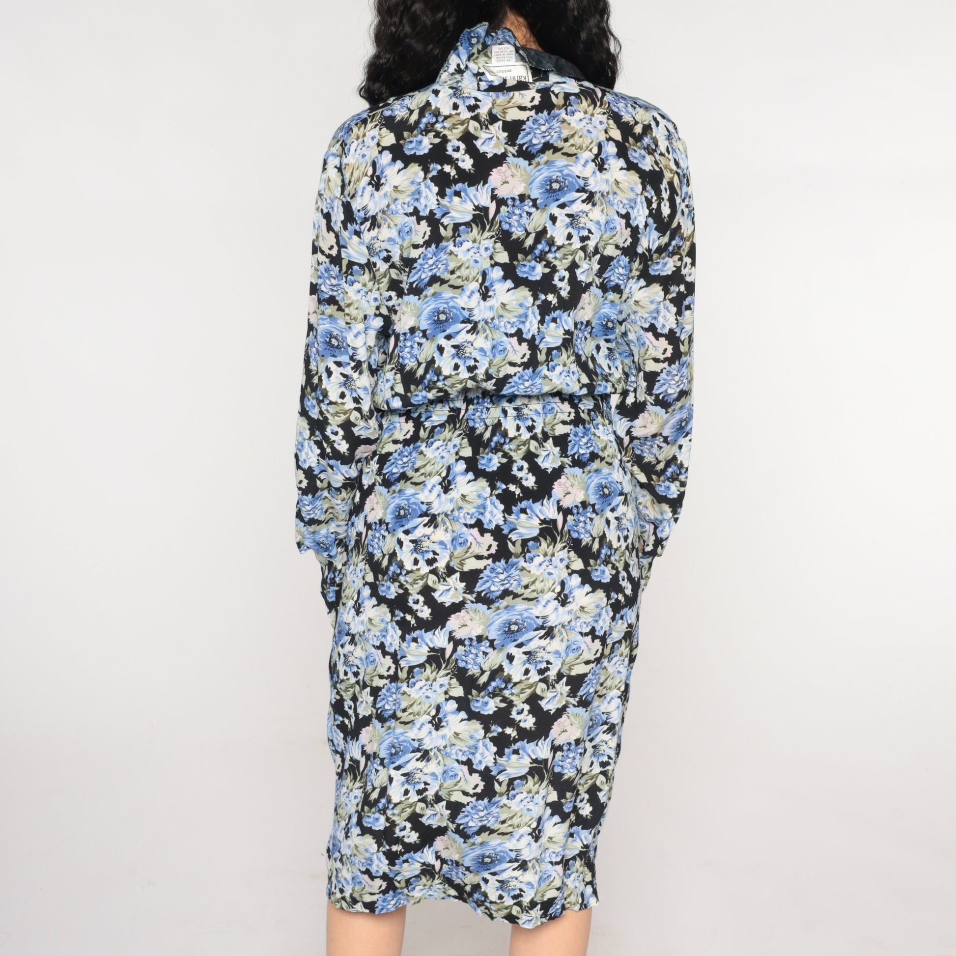 90s Black Floral Midi Dress Button-Up Long Sleeve High Waist Pencil Cut Pockets Small