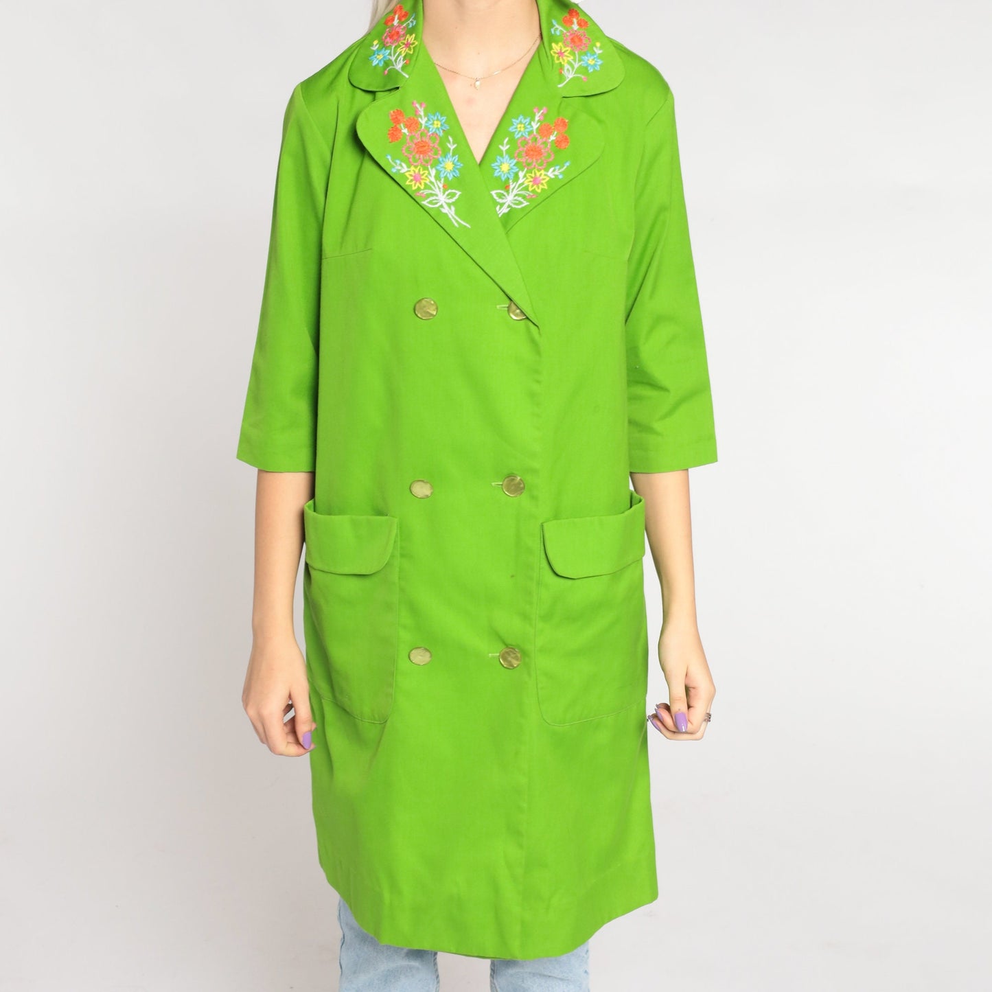 60s Lime Green Floral Embroidered Trench Coat Double Breasted 3/4 Sleeve Small