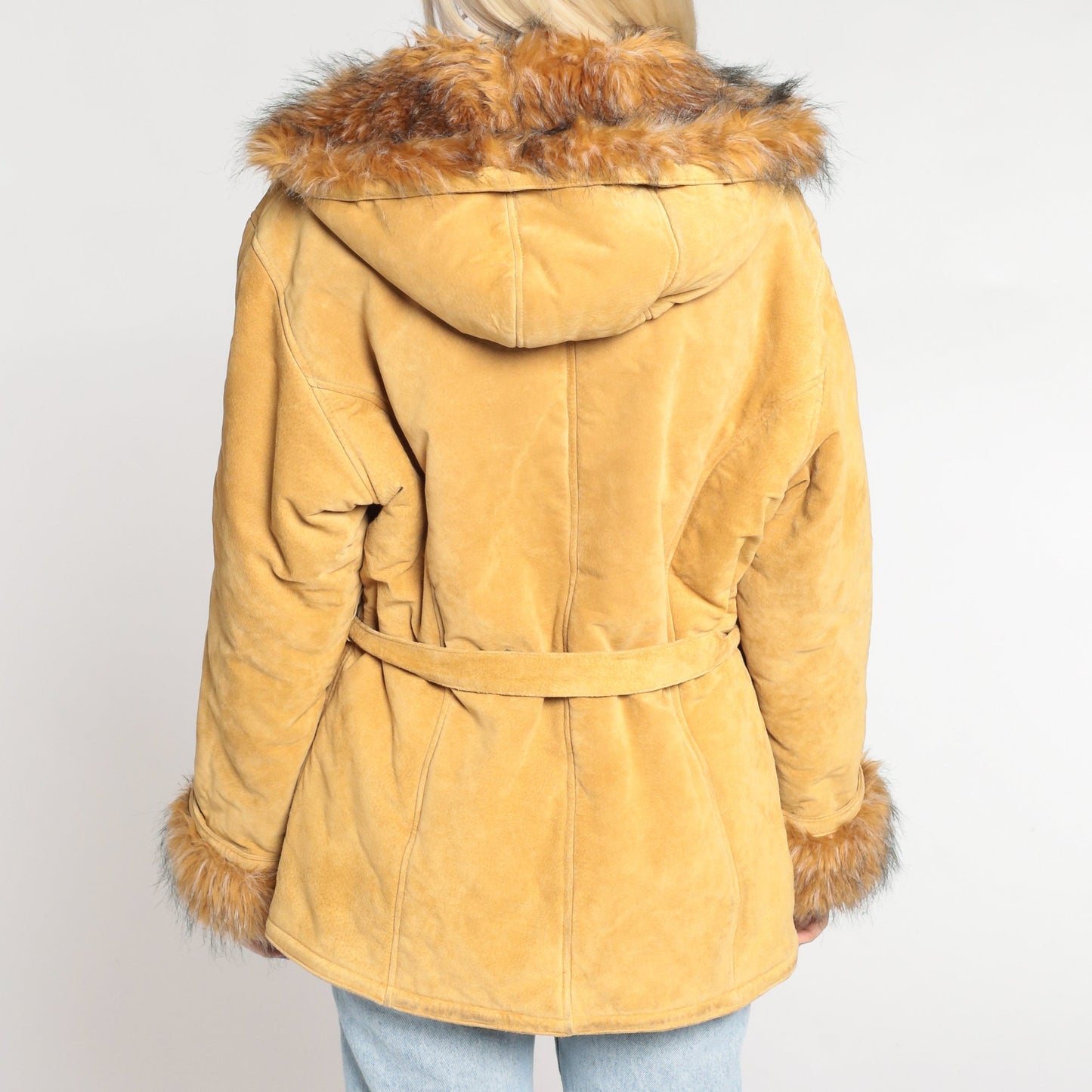 70s Suede Hooded Jacket Faux Fur Trim Belted Tan Leather Large L