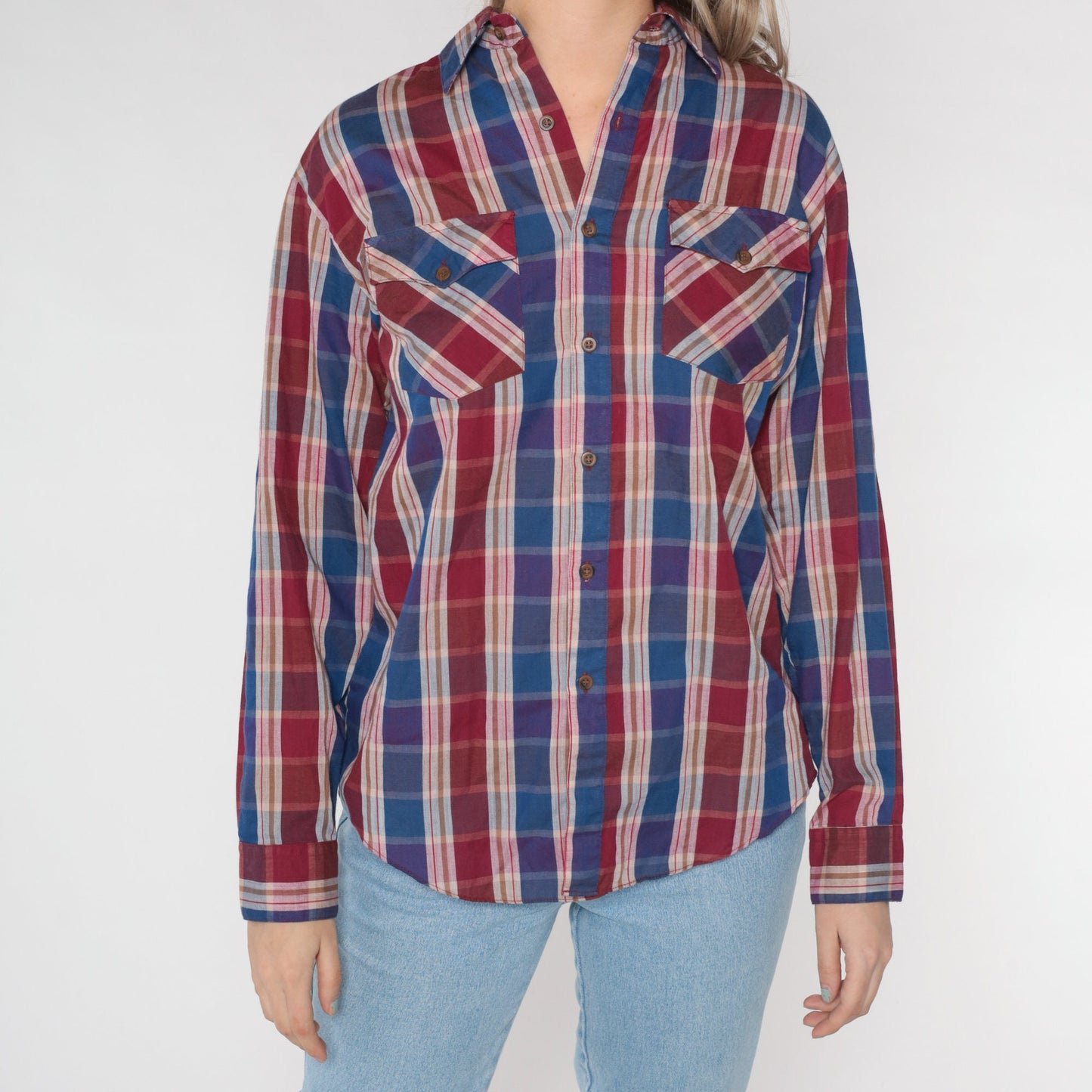 80s Burgundy Blue Plaid Button-Up Shirt Cotton Long Sleeve Medium
