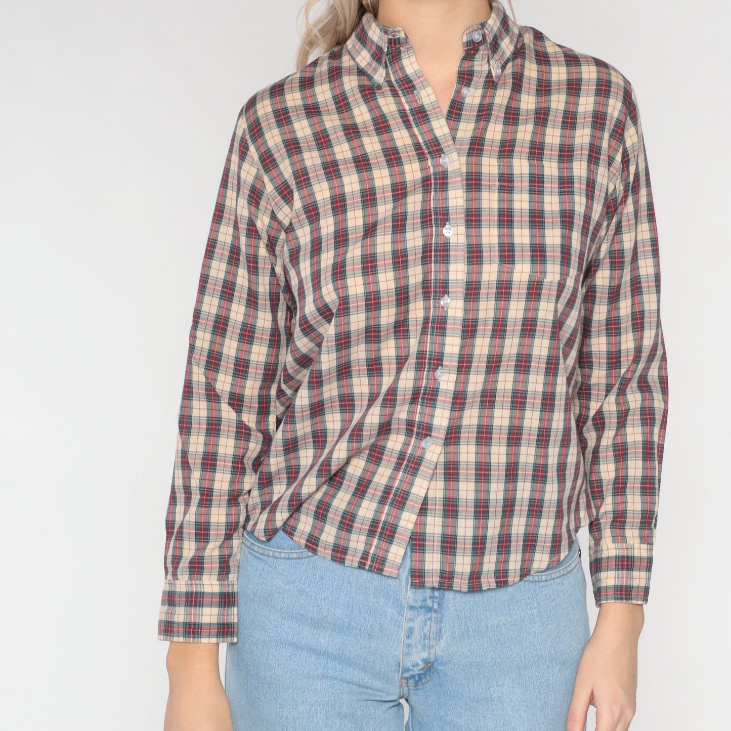 80s Plaid Button-Up Blouse Tan Red Green Checkered Long Sleeve Large