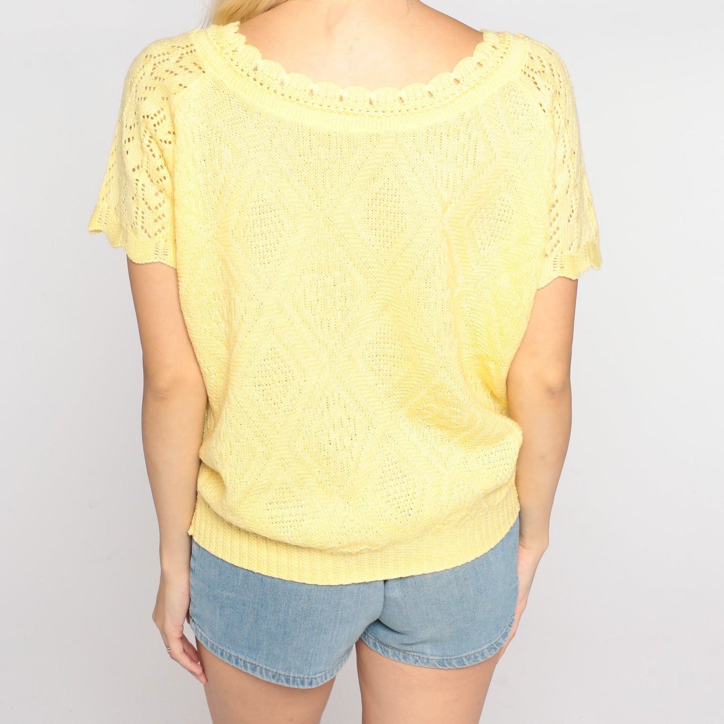 80s Yellow Knit Top Diamond Pointelle Cutout Crochet Raglan Large L