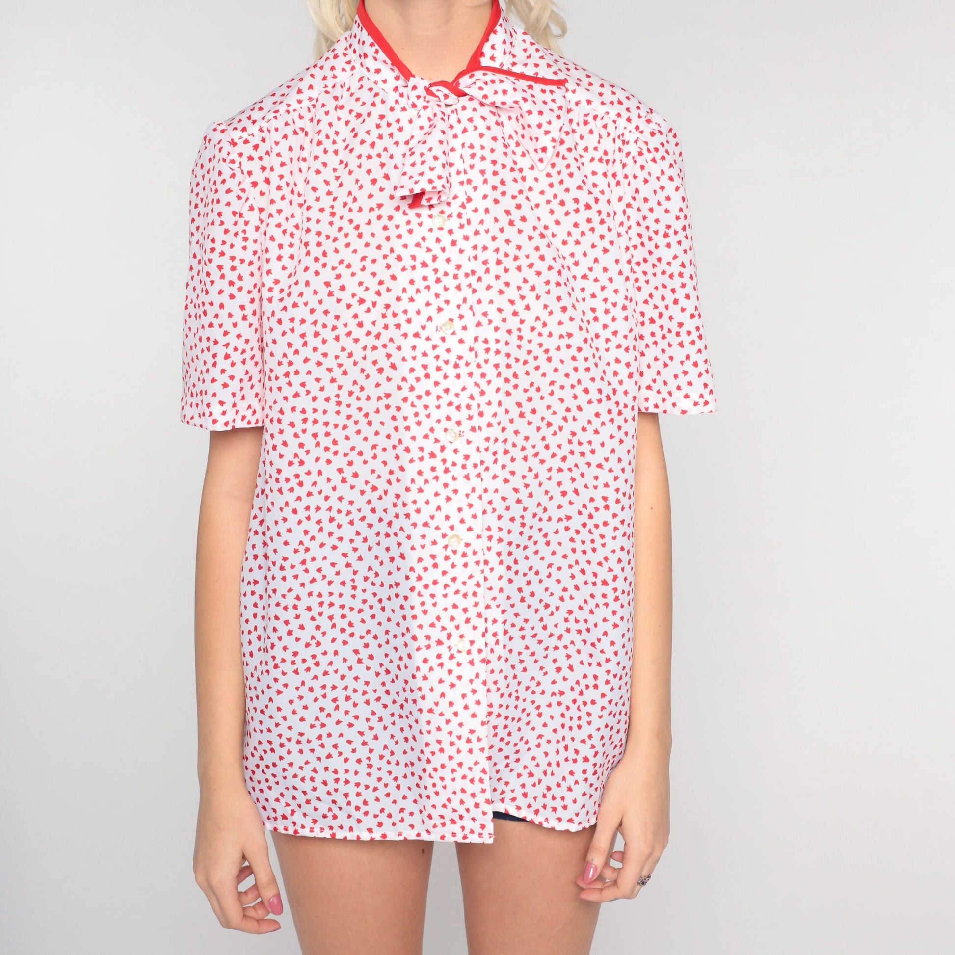 80s Red White Leaf Print Ascot Blouse Short Sleeve Button Up Medium Large