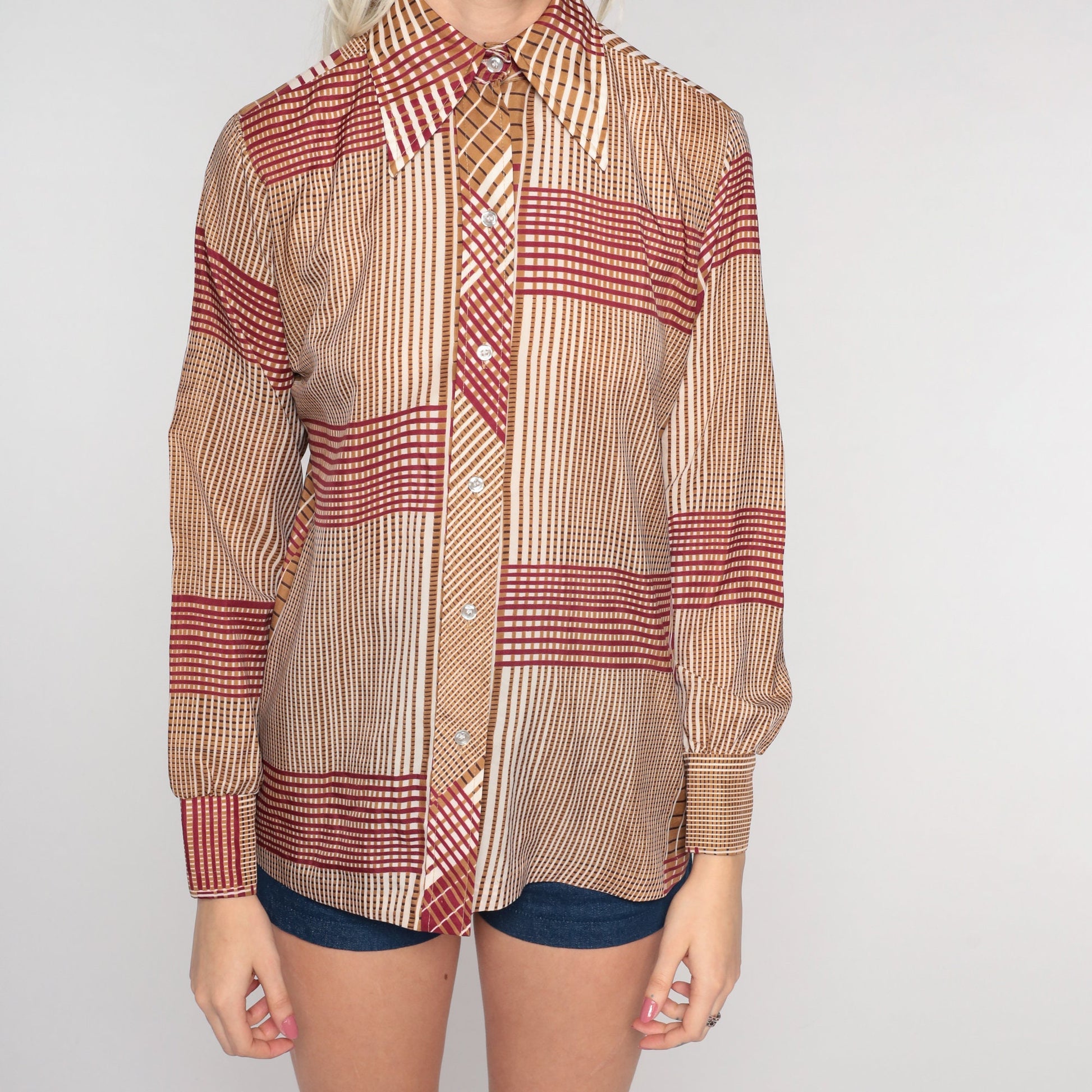 70s Checkered Button-Up Shirt Red Brown Dagger Collar Long Sleeve Small