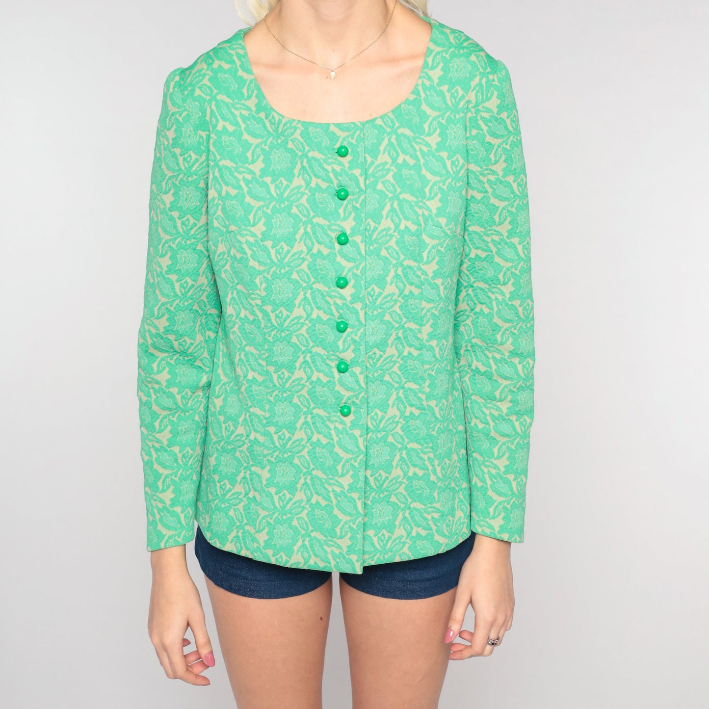 70s Green Floral Button-Up Blouse Long Sleeve Textured Print Small