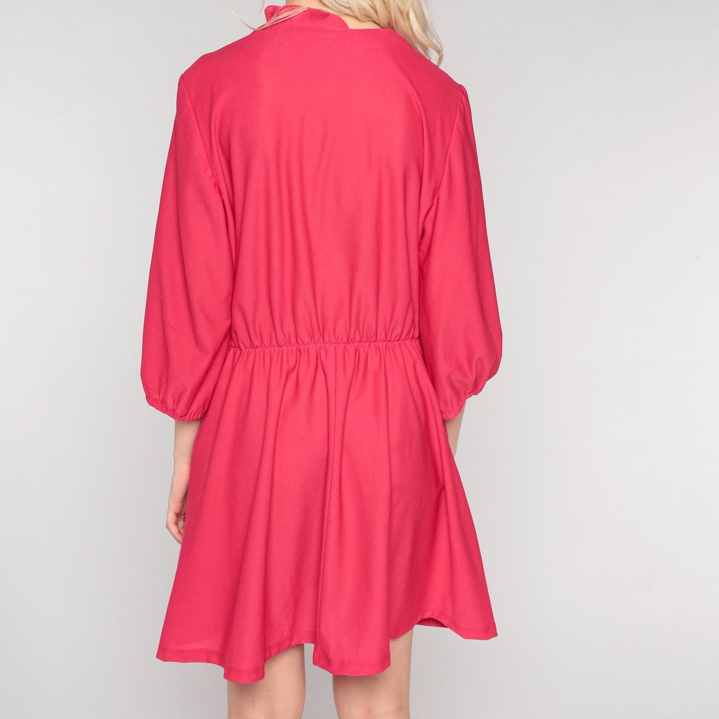 80s Bright Pink Shirtwaist Mini Dress Ruffle Collar Button-Up 3/4 Sleeve Large