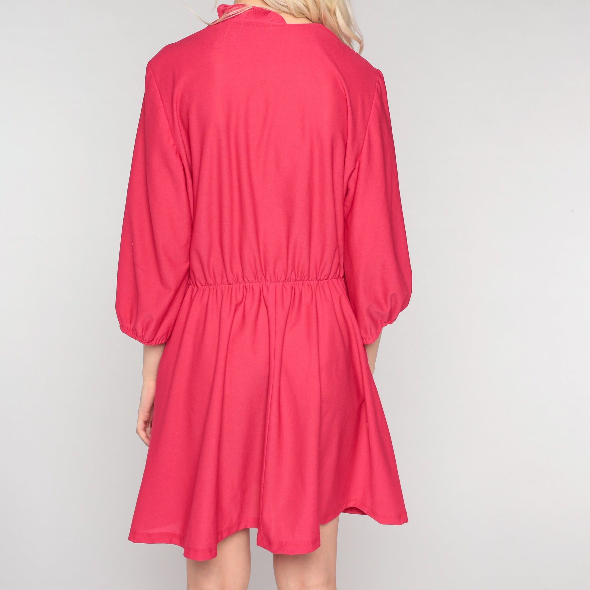 80s Bright Pink Shirtwaist Mini Dress Ruffle Collar Button-Up 3/4 Sleeve Large