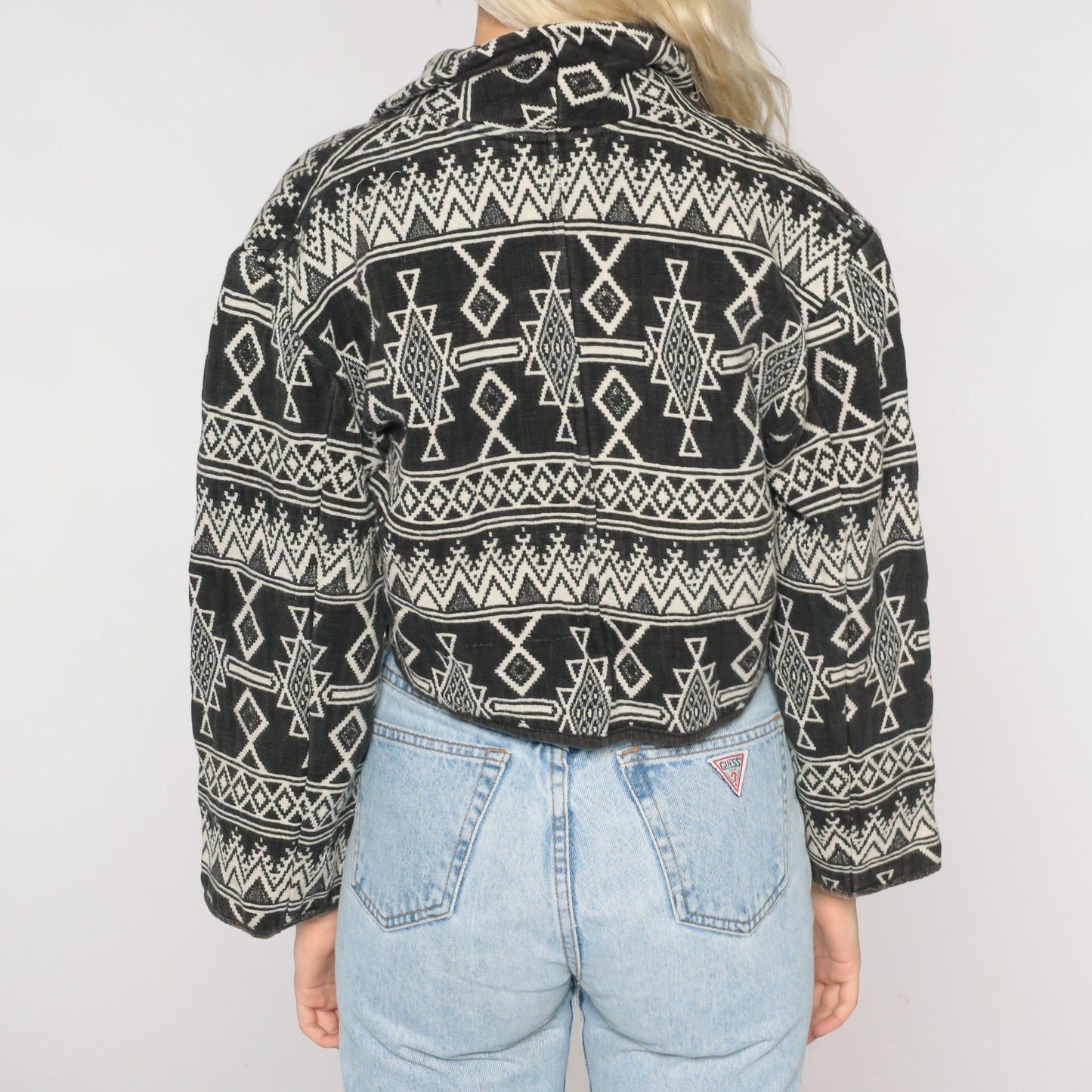 90s Southwest Tapestry Blazer Black Off-White Cropped Button Jacket Medium