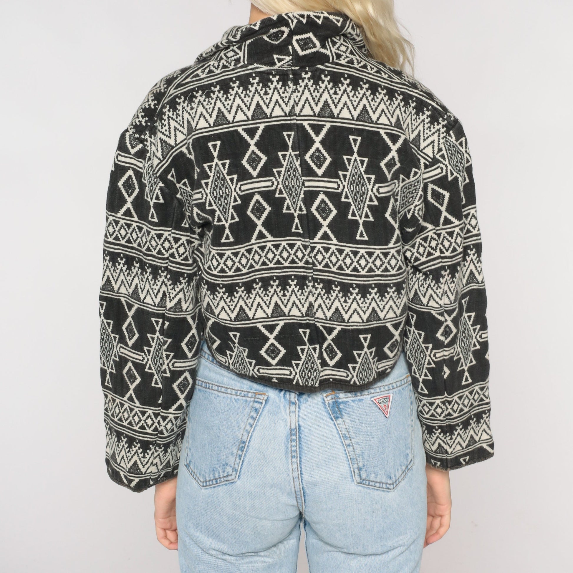 90s Southwest Tapestry Blazer Black Off-White Cropped Button Jacket Medium