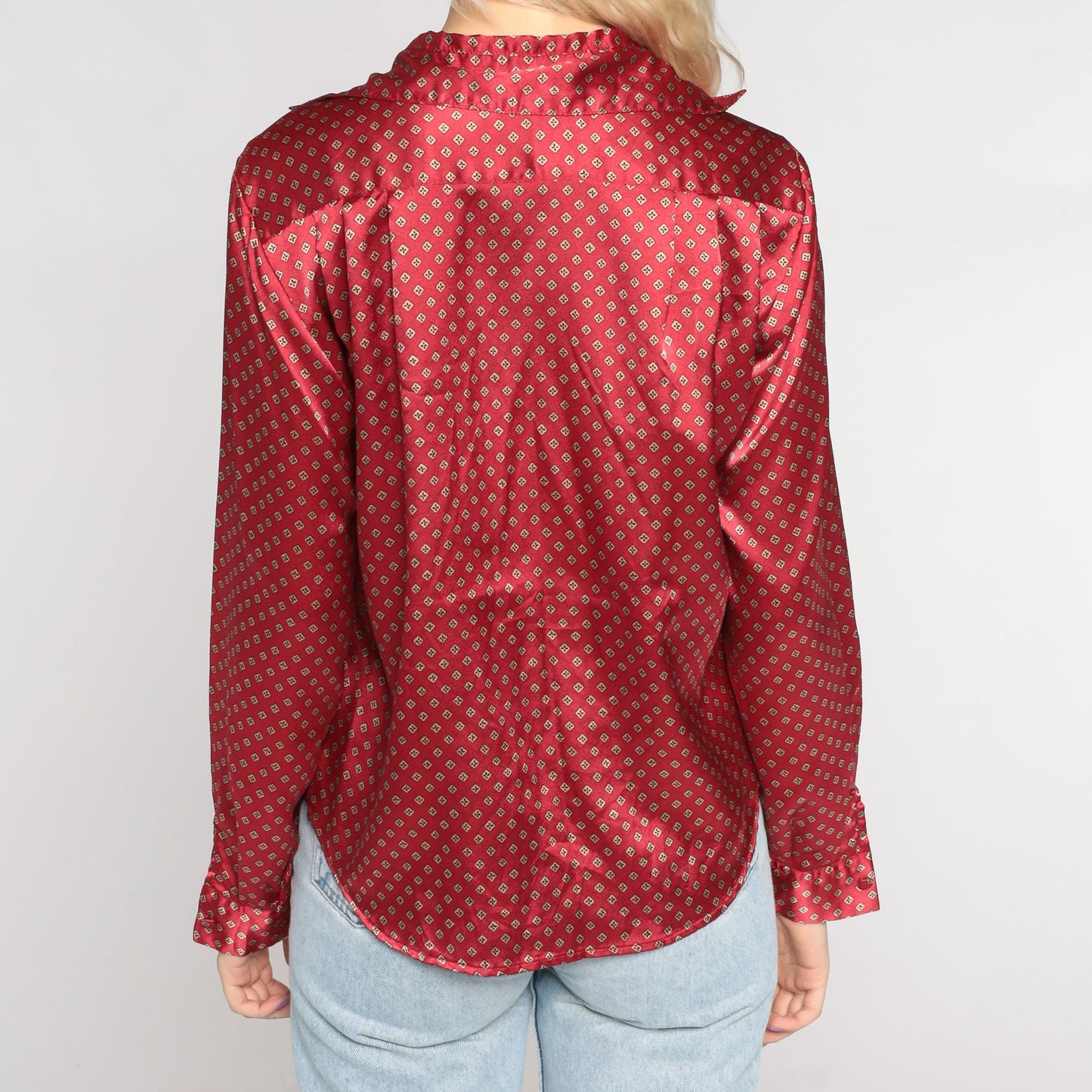 90s Red Satin Geometric Button-Up Blouse Long Sleeve Small