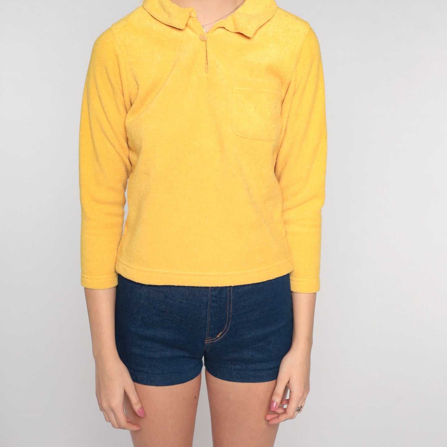 00s Yellow Terry Cloth Polo Shirt Long Sleeve Collared Blouse Extra Small