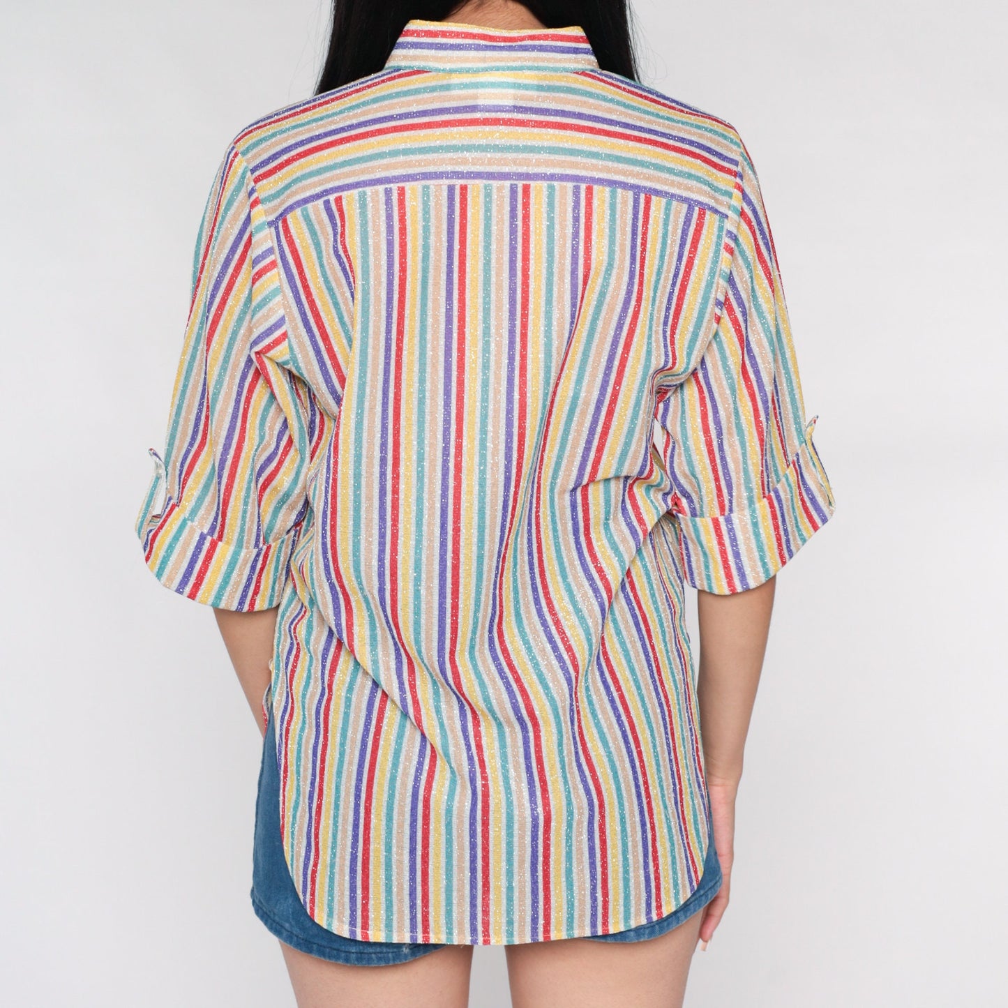70s Metallic Rainbow Striped Button-Up Blouse 3/4 Sleeve Medium