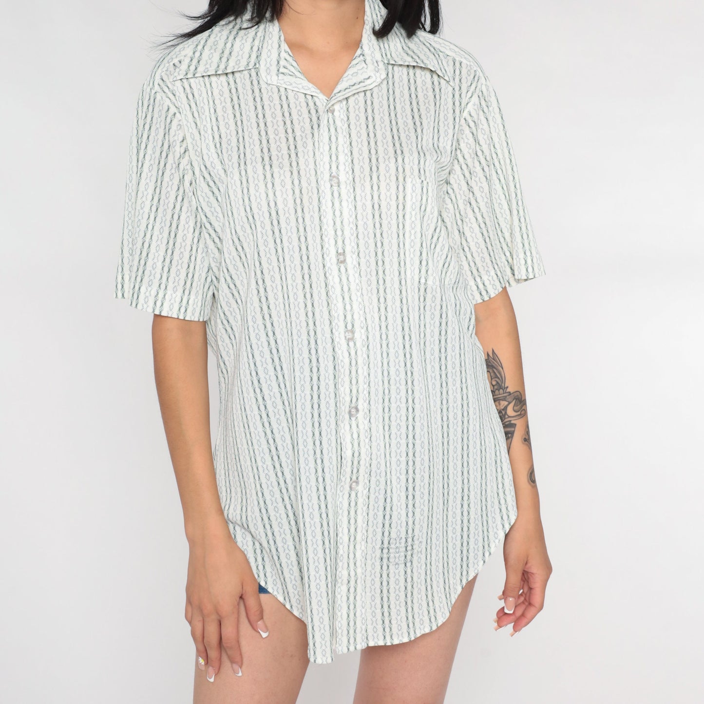 70s Sears White Striped Oxford Button-Up Shirt Green Blue Short Sleeve Medium