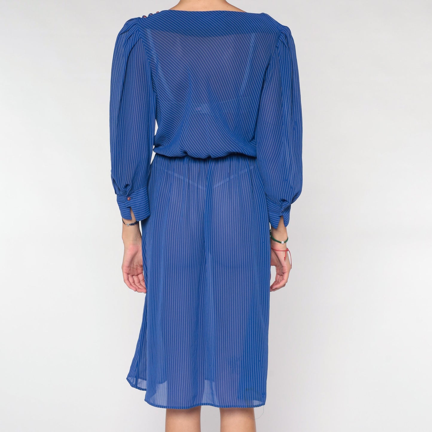 70s Striped Midi Dress Blue Sheer Puff Sleeve High Waist Small Medium