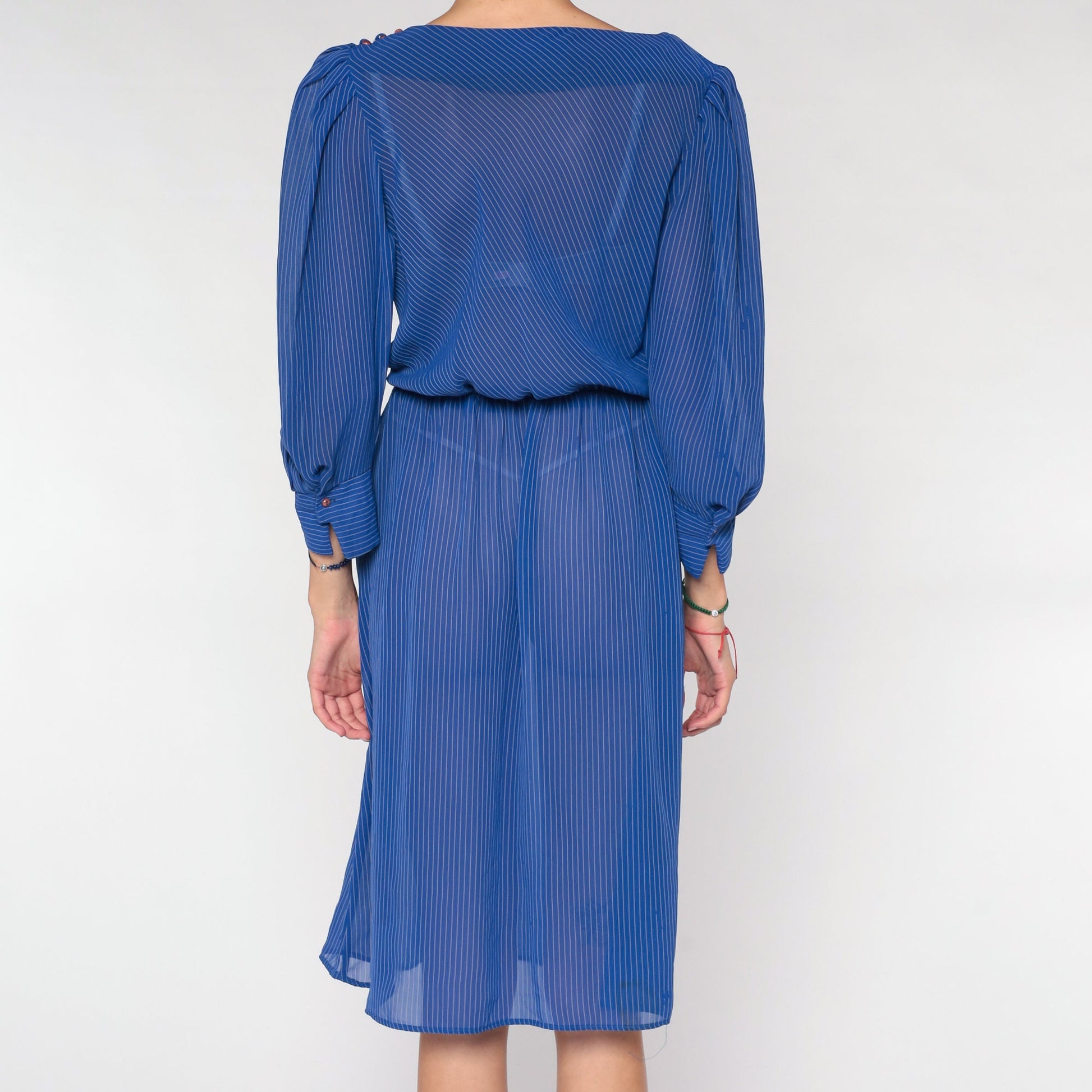 70s Striped Midi Dress Blue Sheer Puff Sleeve High Waist Small Medium