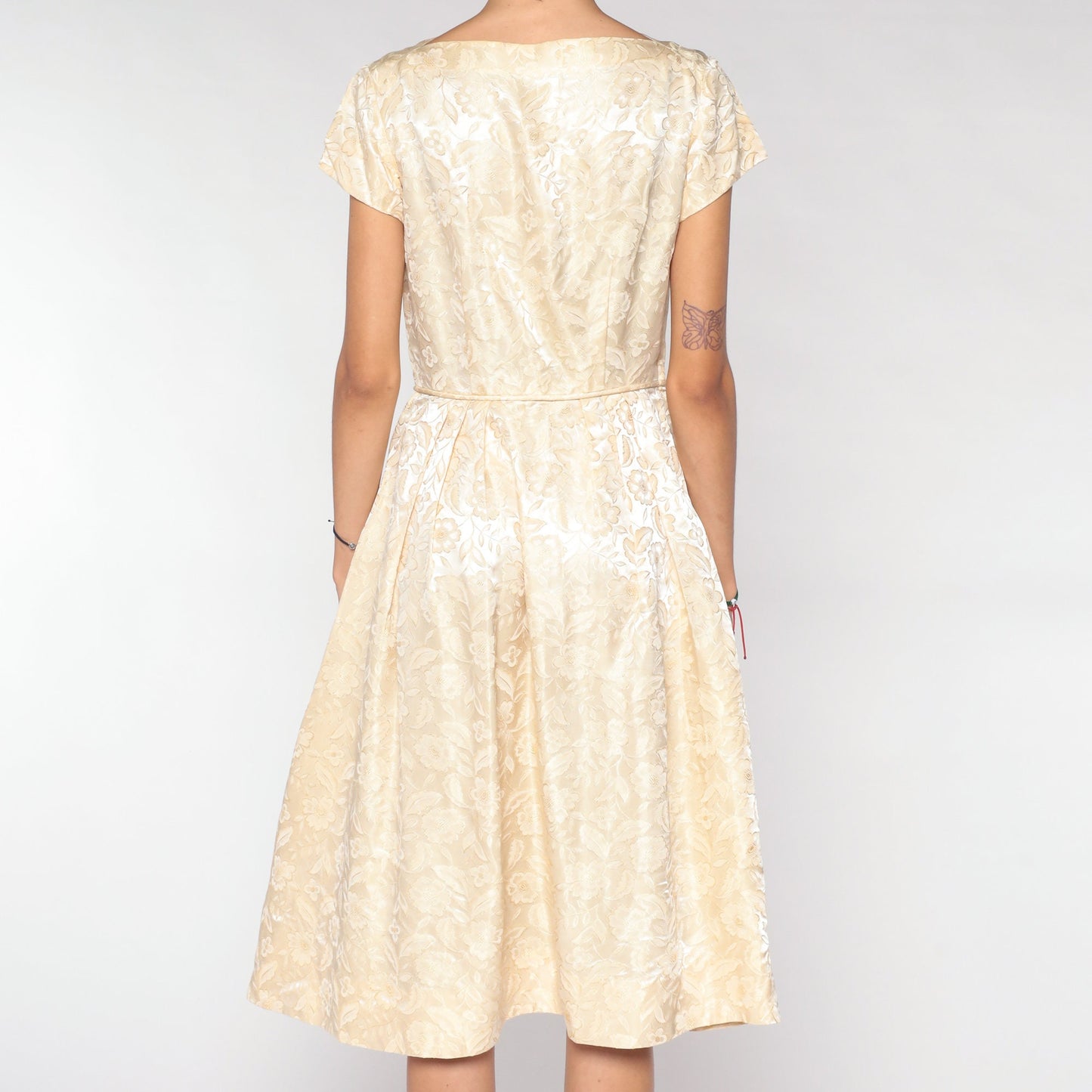 1960s Cream Brocade Floral Midi Dress Cap Sleeve High Waist Small S