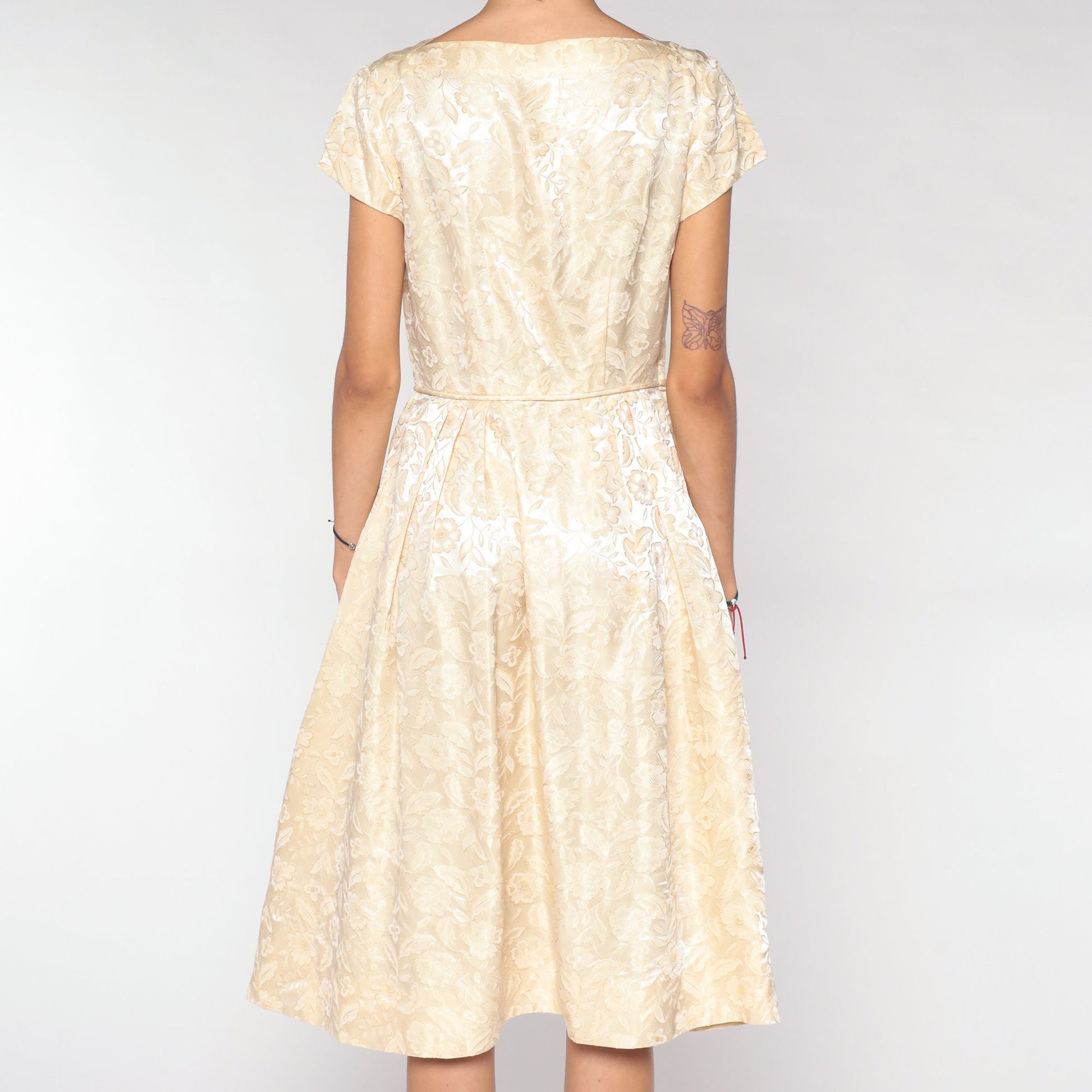 1960s Cream Brocade Floral Midi Dress Cap Sleeve High Waist Small S
