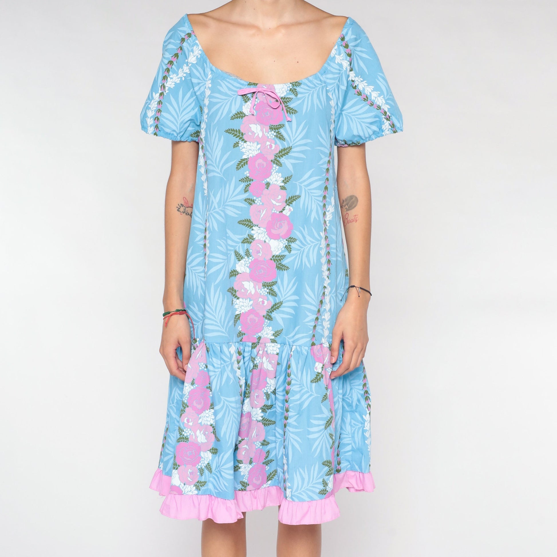 90s Blue Floral Midi Dress Pink Flower Fern Print Tent Cut Short Sleeve Extra Small