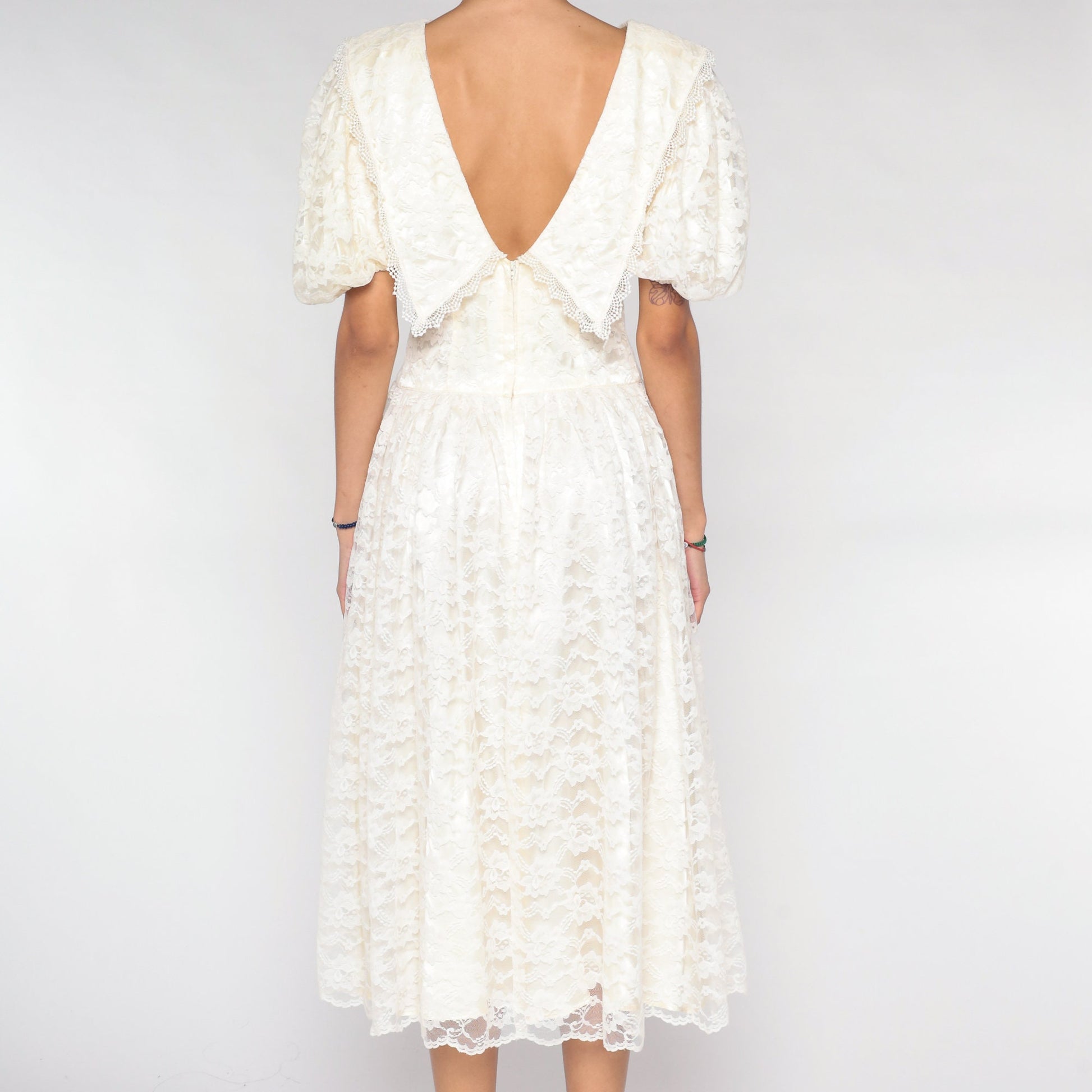 80s Off-White Lace Midi Dress Puff Sleeve Low Back Floral Embroidered Medium