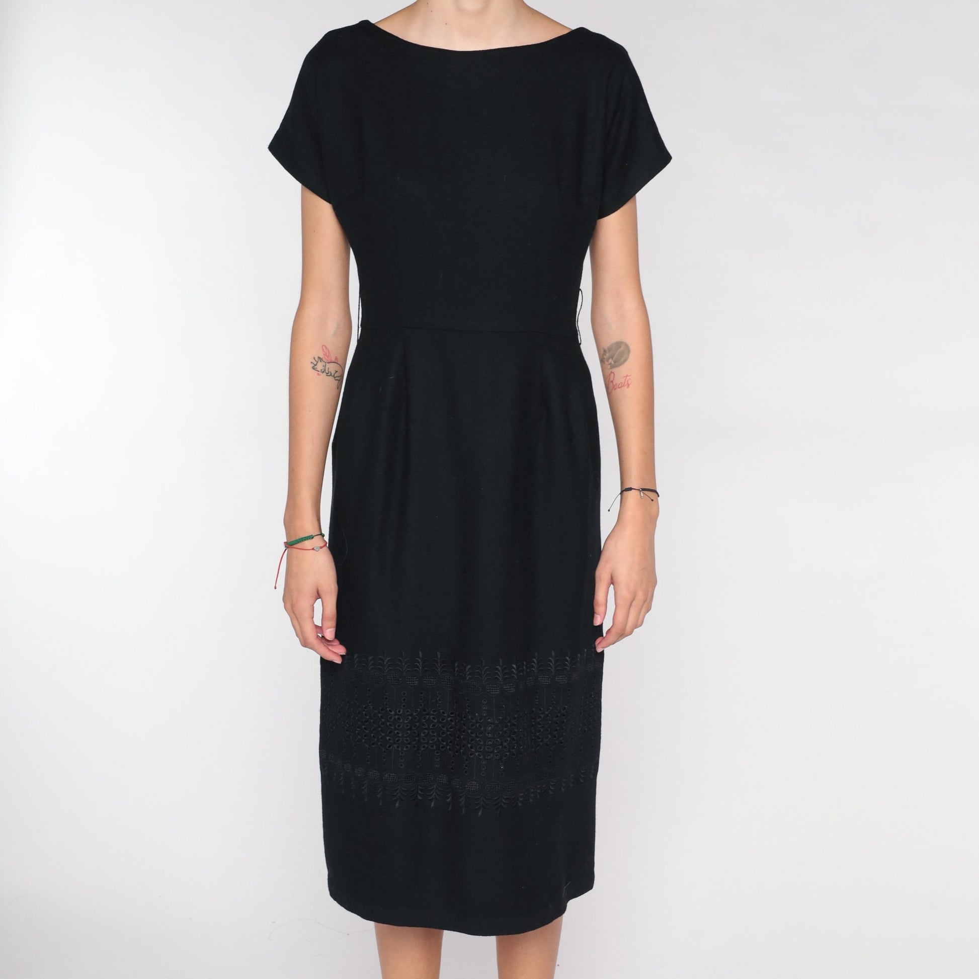 Black Wool Midi Shift Dress Cap Sleeve Embroidered 00s Small