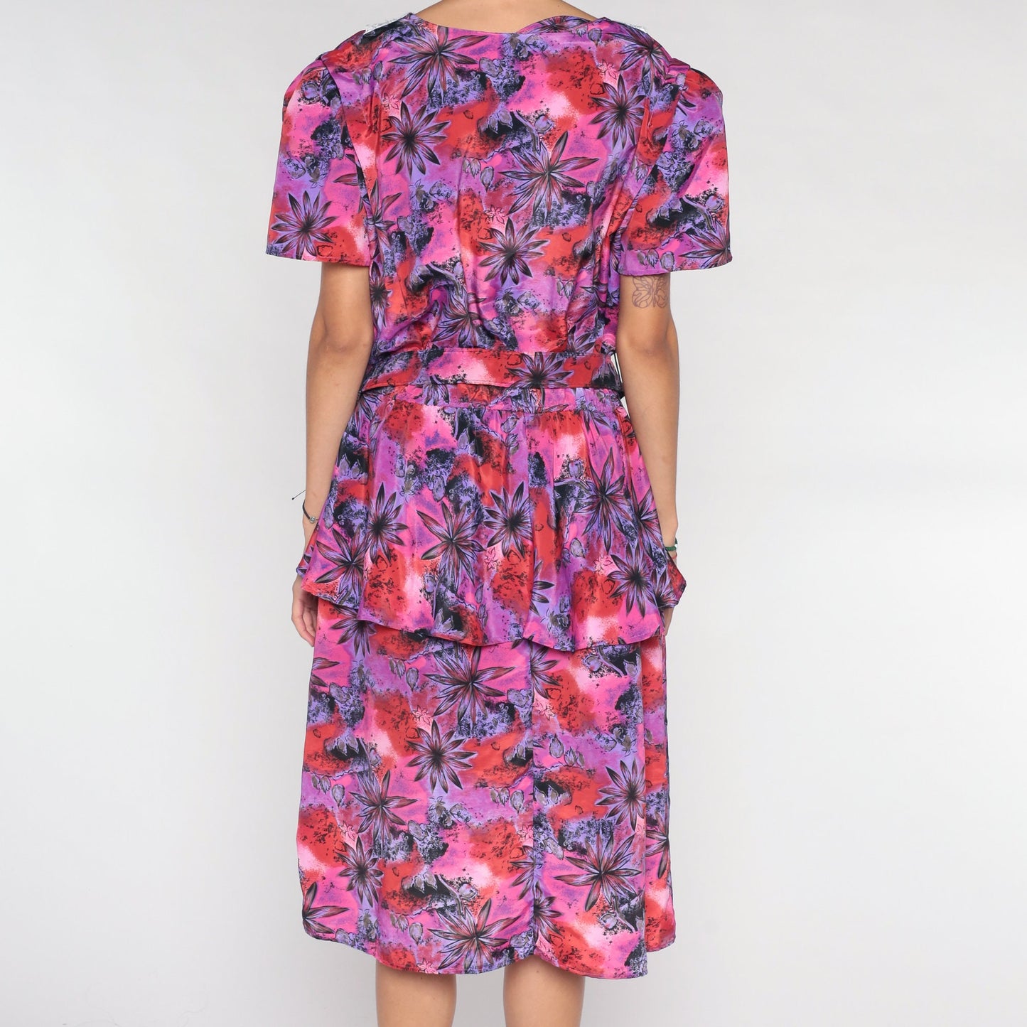 80s Floral Midi Dress Pink Purple Lace Collar Peplum Button-Up Medium