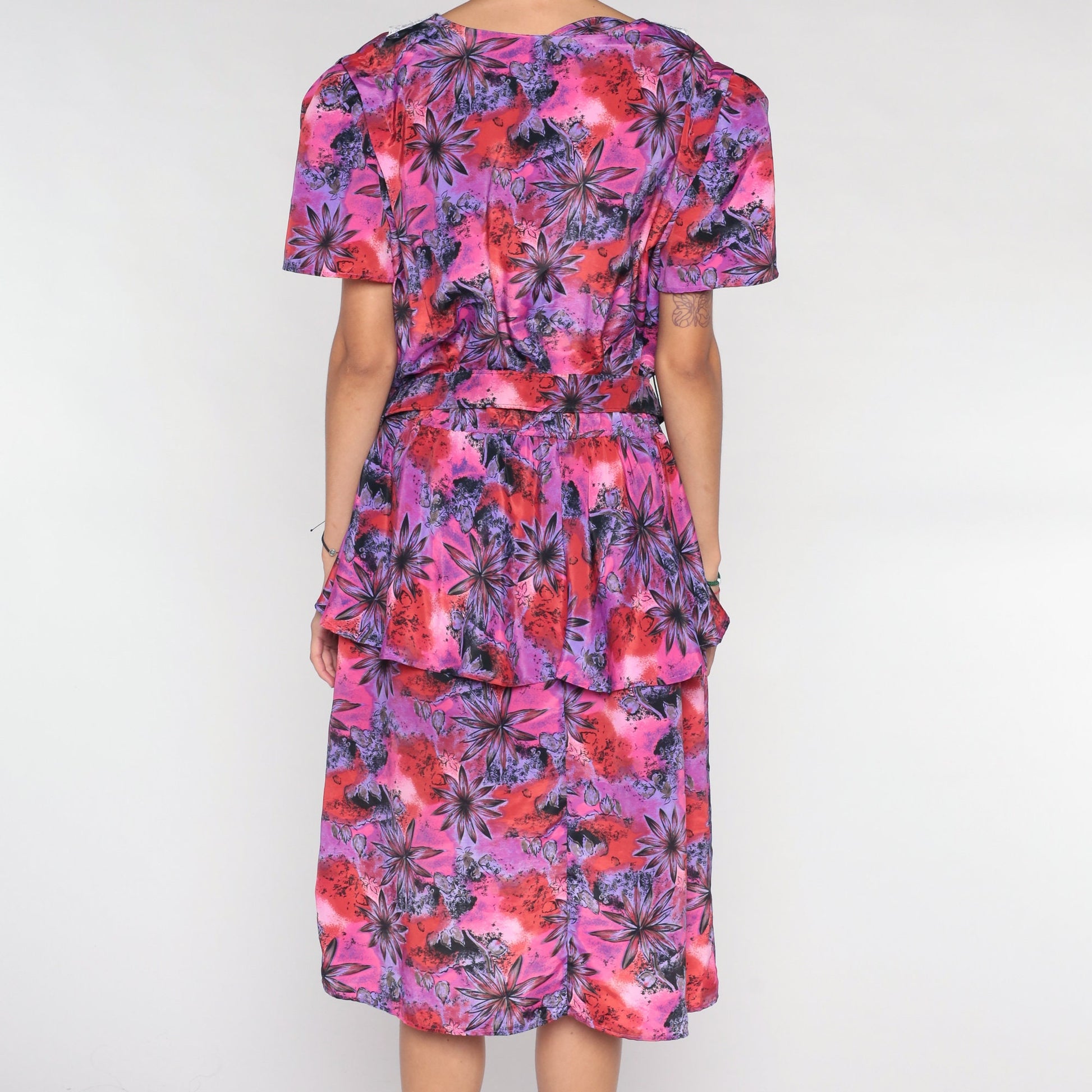 80s Floral Midi Dress Pink Purple Lace Collar Peplum Button-Up Medium