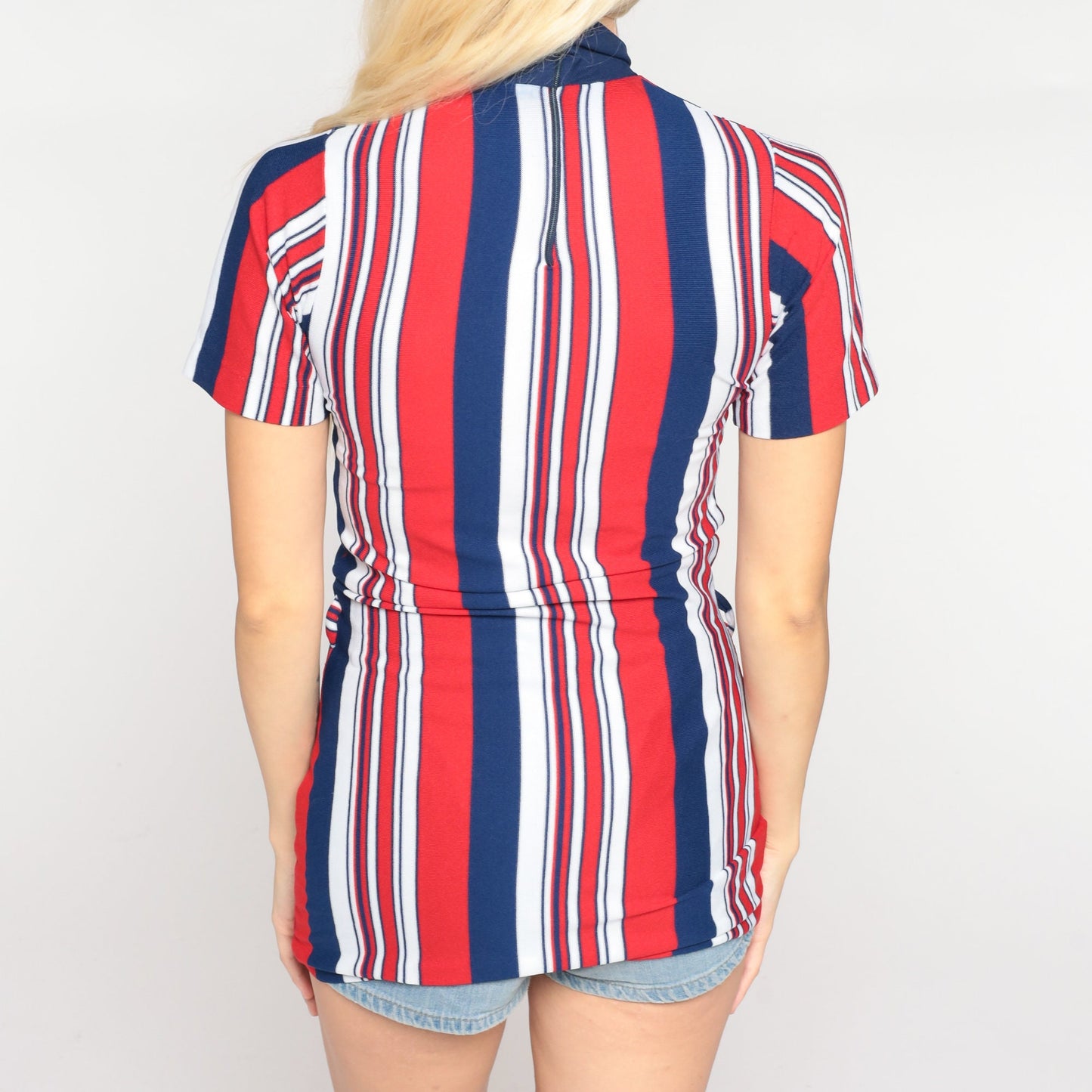 70s Striped Mock Neck Blouse Red White Blue Short Sleeve XXS