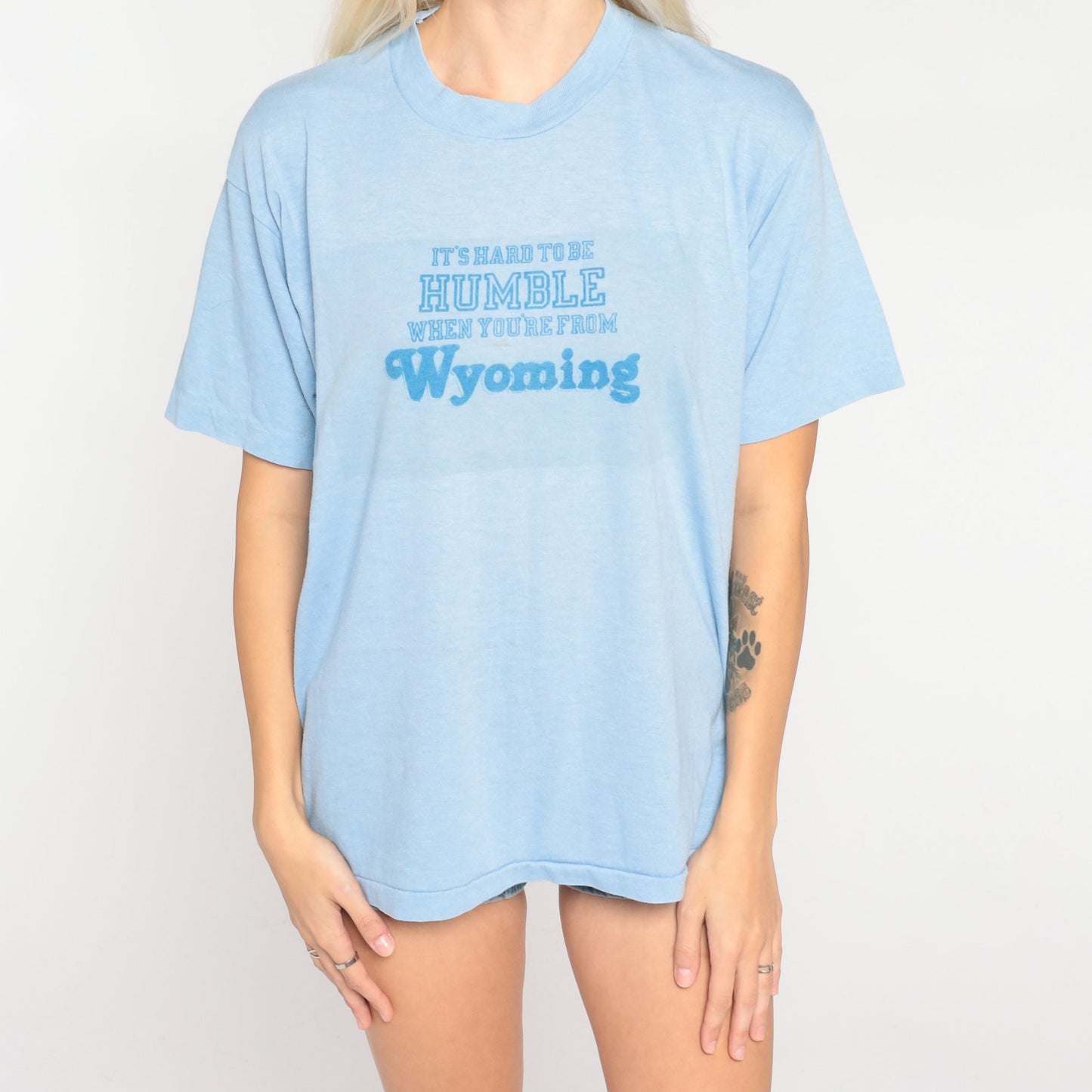 80s Wyoming Graphic T-Shirt Baby Blue Single Stitch Tee Large L