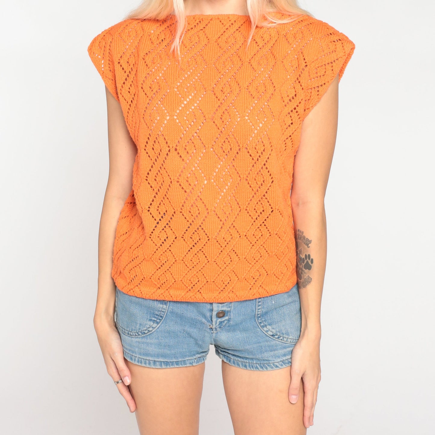 70s Orange Pointelle Knit Top Cap Sleeve Cutout Blouse Medium M