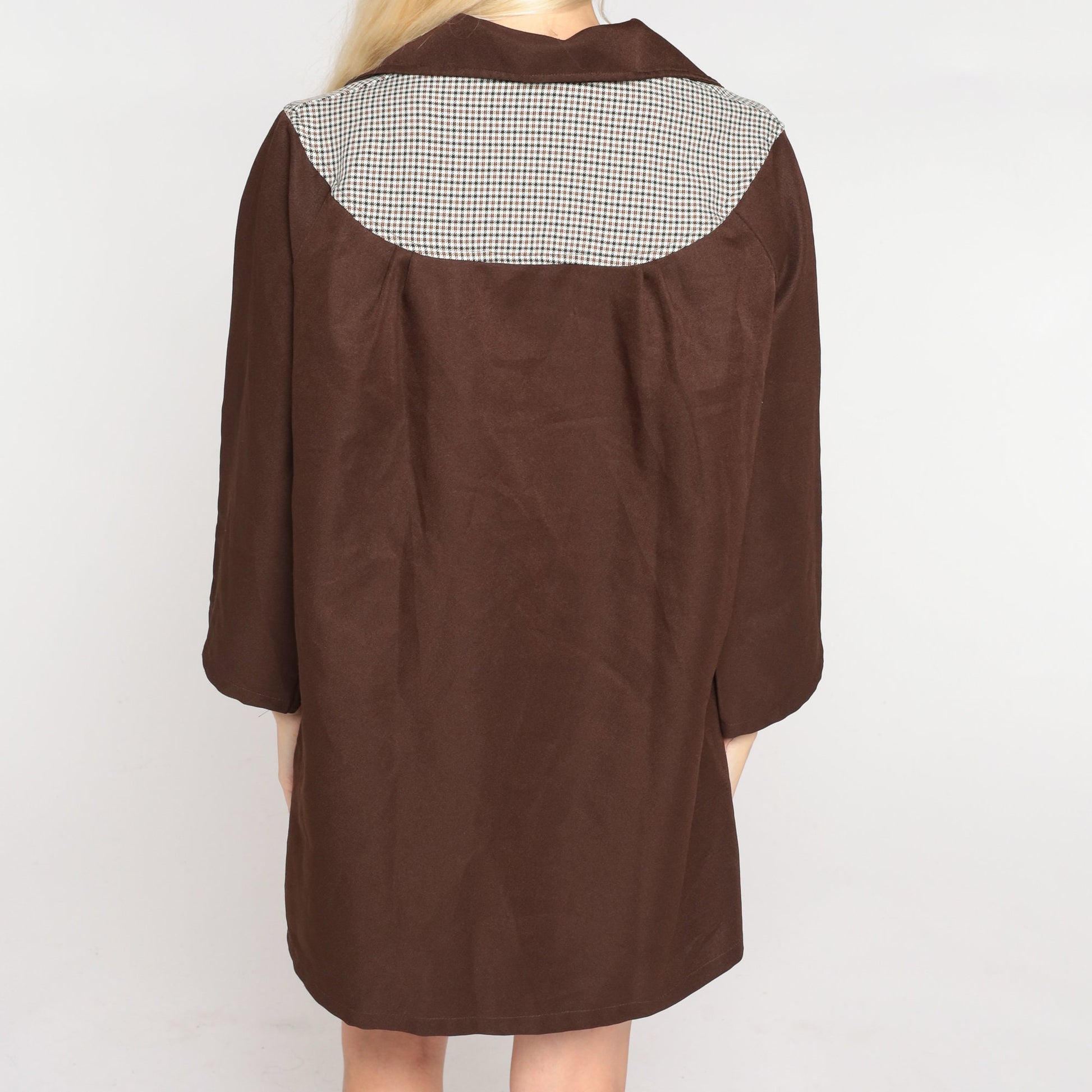 70s Brown Checkered Yoke Button-Up Tunic Blouse Long Sleeve Medium M