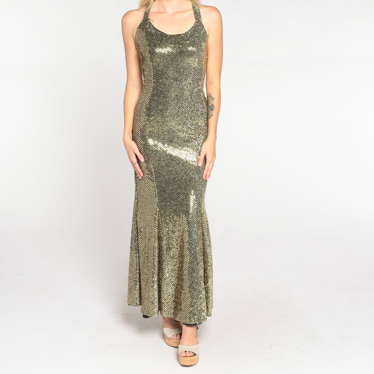 80s Gold Sequin Maxi Dress Zum Zum Fishtail Criss-Cross Back Small