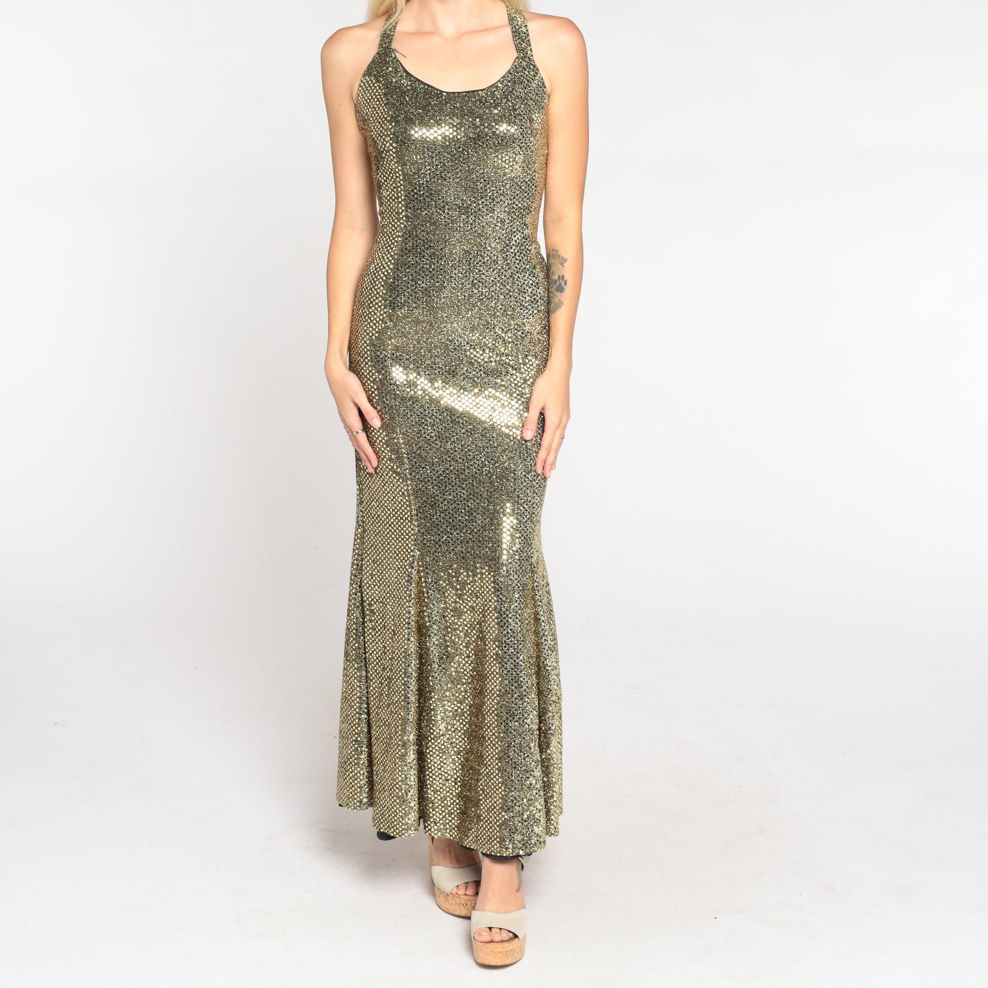 80s Gold Sequin Maxi Dress Zum Zum Fishtail Criss-Cross Back Small