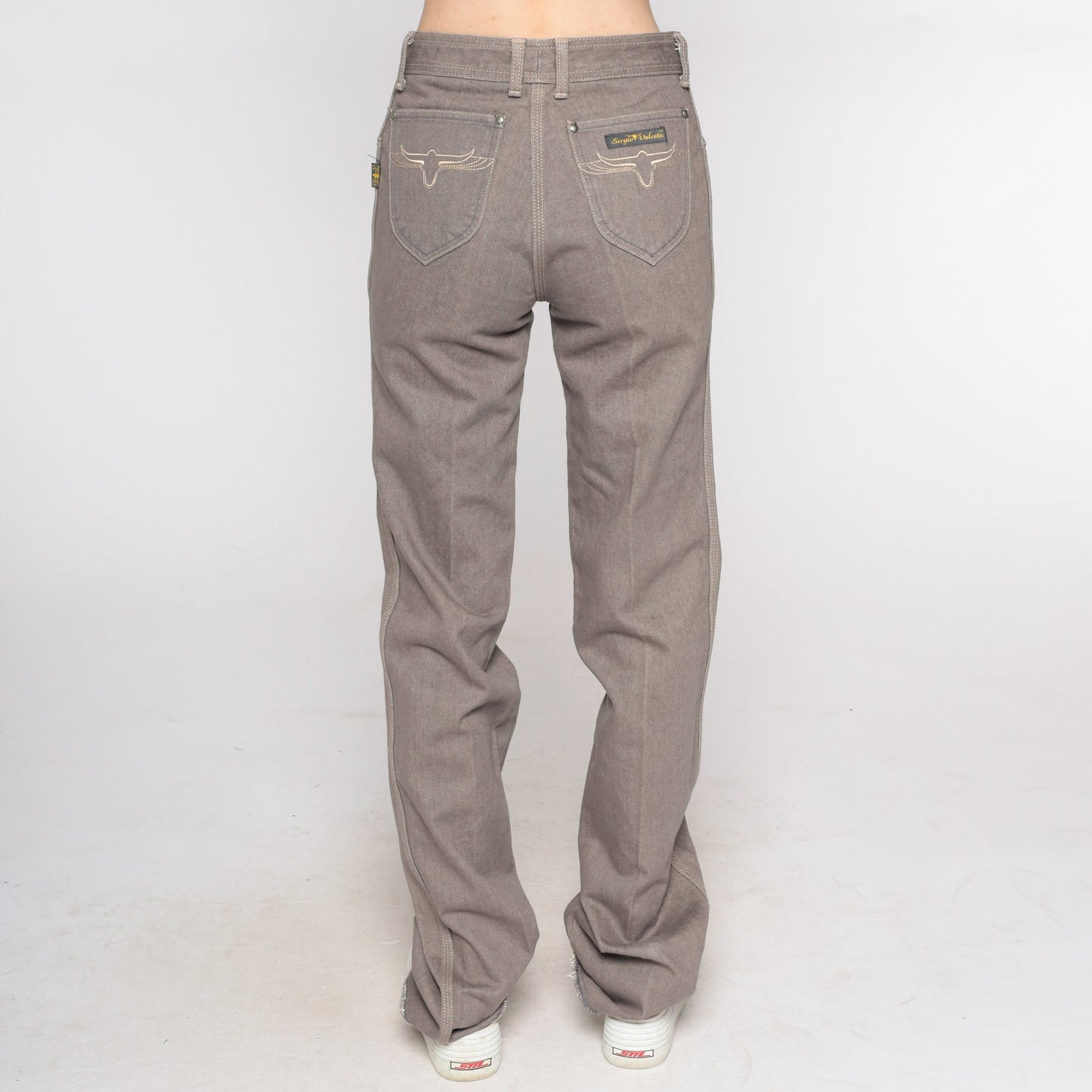 90s Sergio Valente Western Jeans Taupe High Waist Straight Leg Embroidered Steer Small