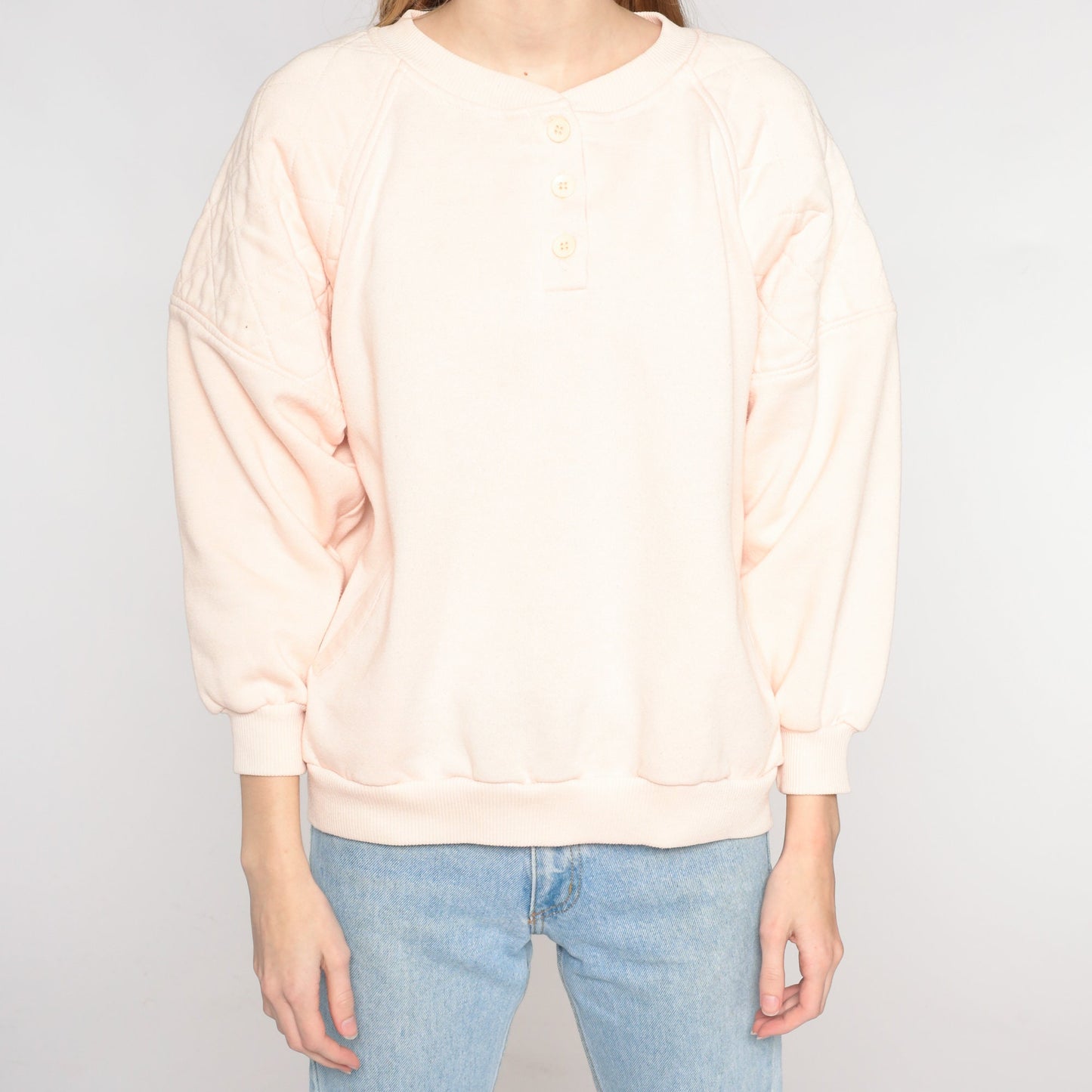 90s Light Pink Quilted Henley Sweatshirt Button Neck Long Sleeve Large L