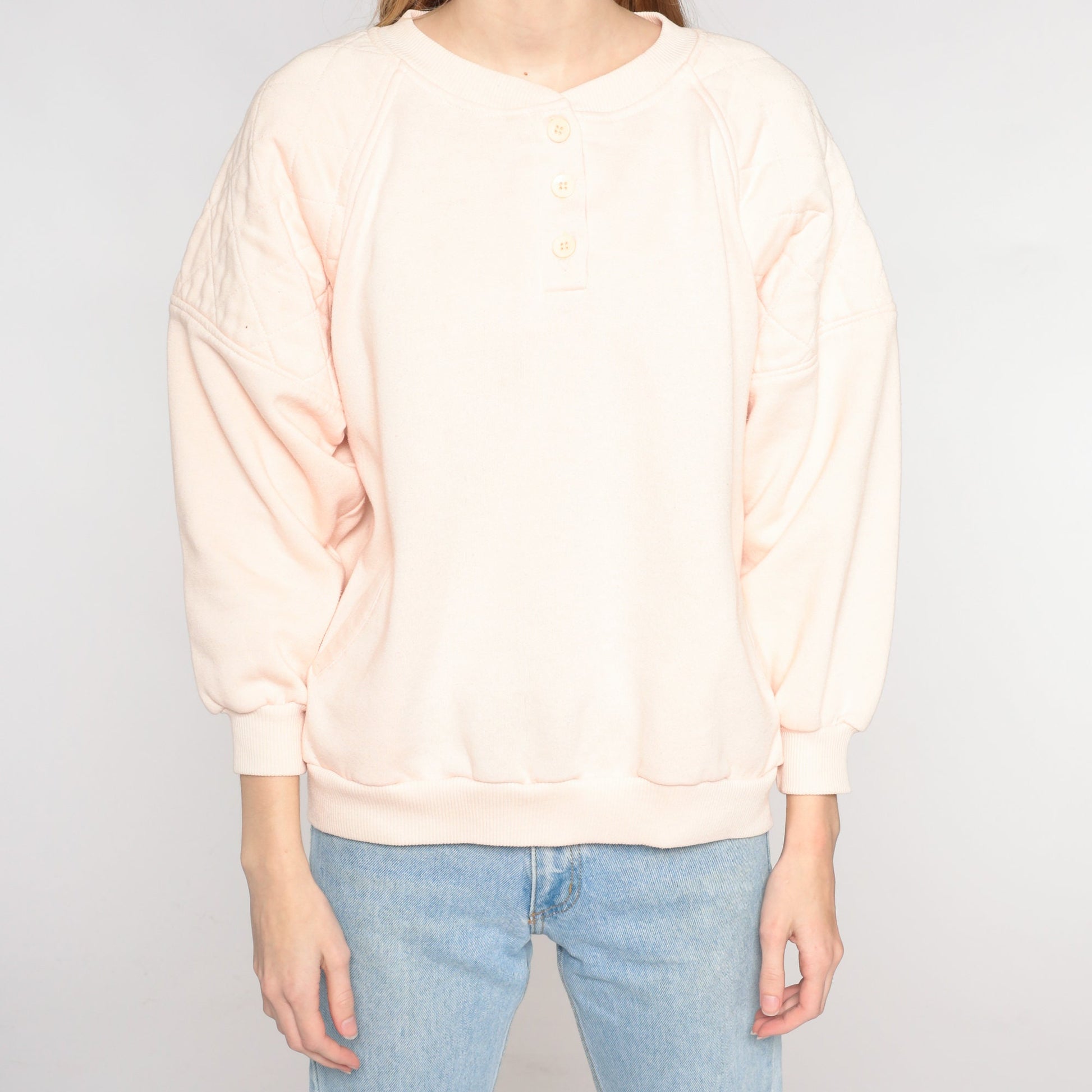 90s Light Pink Quilted Henley Sweatshirt Button Neck Long Sleeve Large L