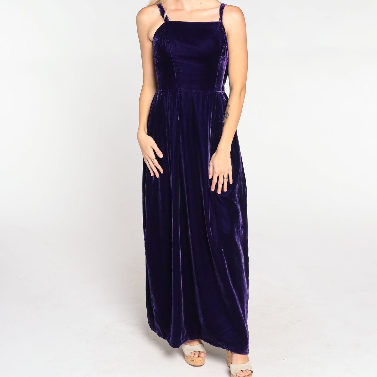 70s Dark Purple Velvet Maxi Dress Sleeveless High Waist Gown Extra Small