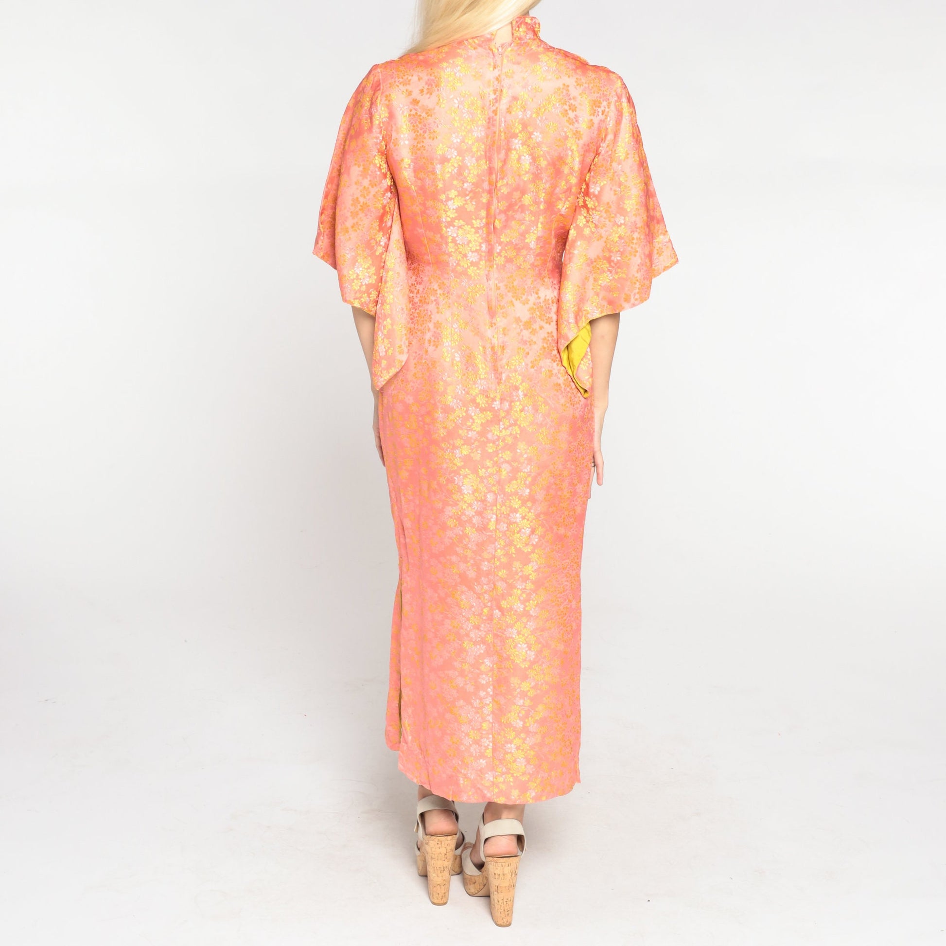 60s Peach Silk Floral Midi Dress Mandarin Collar Bell Sleeve Side Slit Extra Small XS