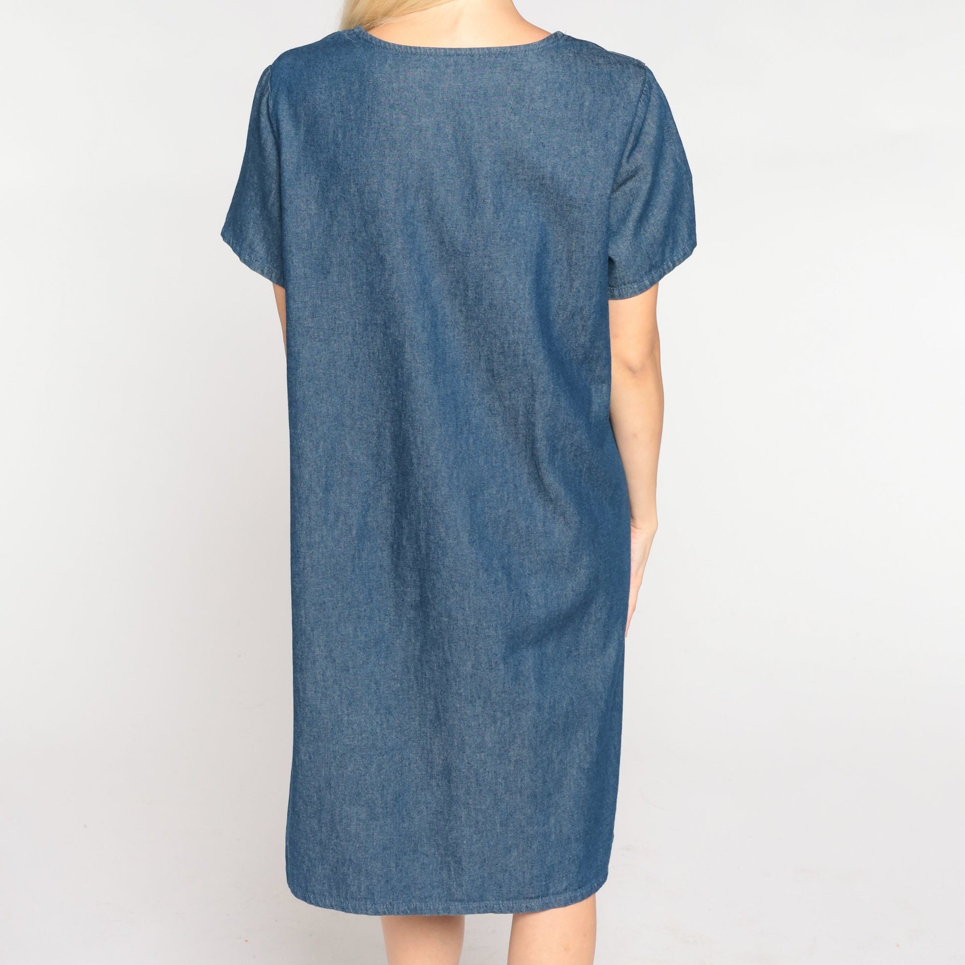 90s Floral Denim Shift Dress Blue Sequin Beaded Short Sleeve Medium M