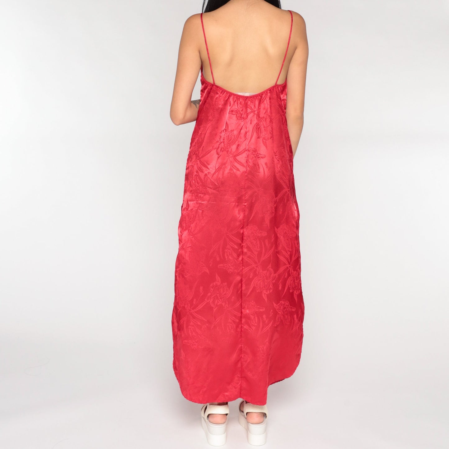 90s Red Satin Nightgown Maxi Slip Dress Embossed Floral Spaghetti Strap Medium